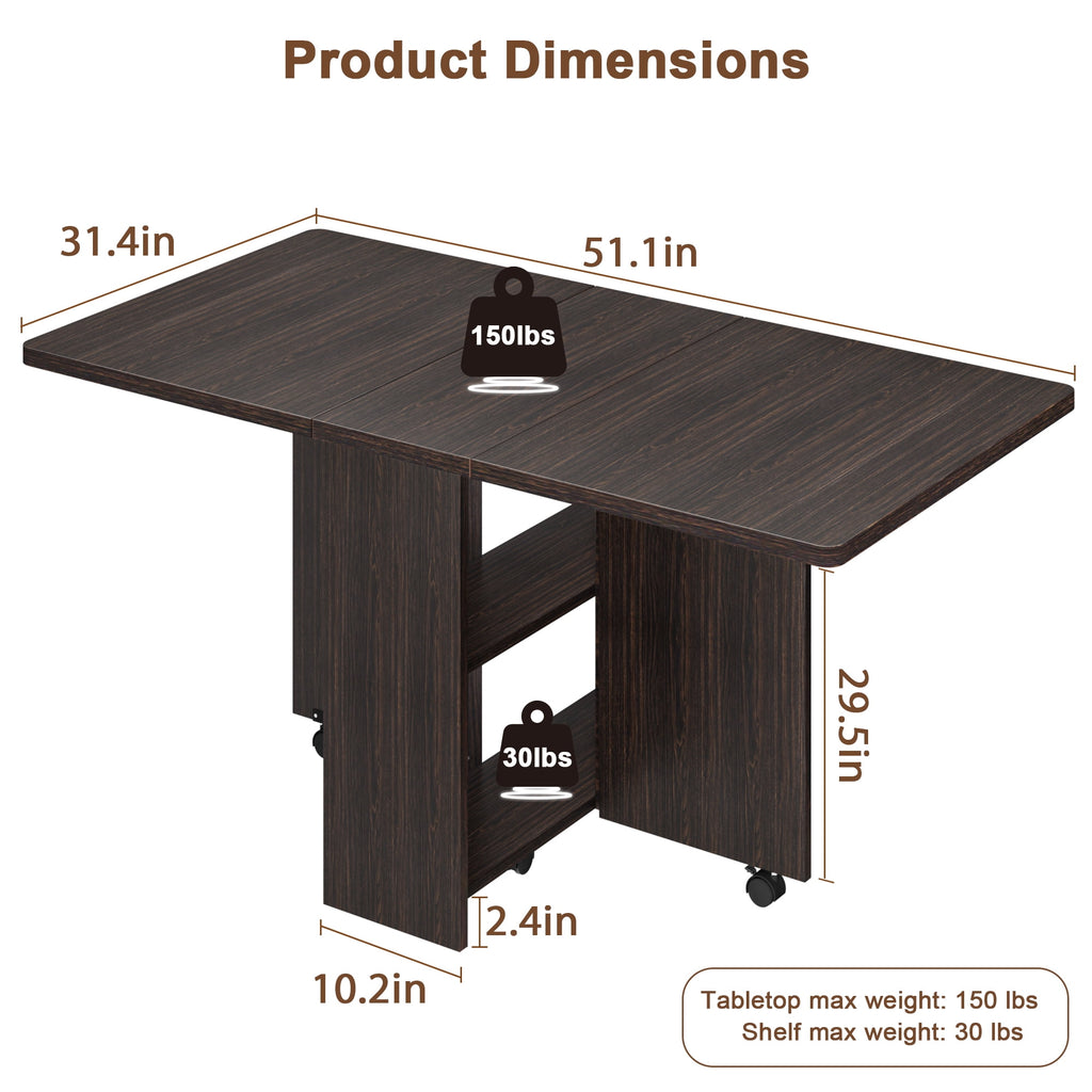 Folding Dining Table with 2 Tier Storage, Extendable Kitchen Table, Drop Leaf Table, Rectangle Dining Room Tables Set for 4, Space Saving Collapsible Expandable Dinner Kitchen Office Furniture