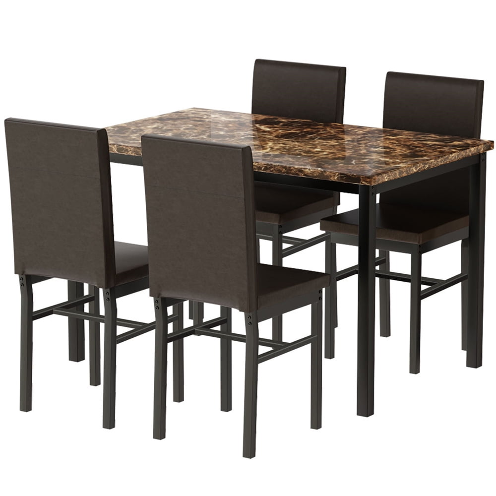 UHOMEPRO Dining Table Set for 4, 5 Piece Dining Room Table Set with Gray Velvet Upholstered Chairs, White Faux Marble Pattern Rectangle Kitchen Table Set for Breakfast Nook Small Space