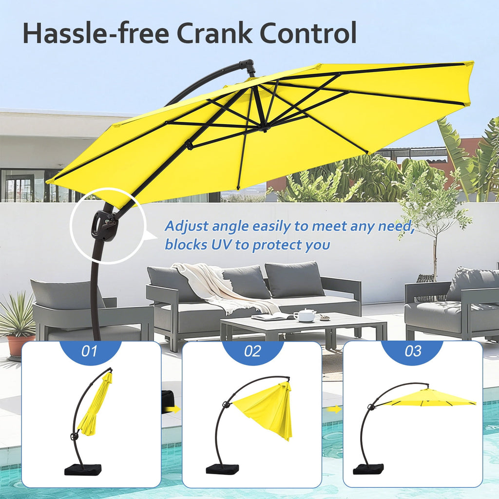 FUNDAZE 11ft Market Patio Umbrella with Base, Curved Cantilever Hanging Sun Shade with Crank & Tilt for Garden, Deck, Poolside,Beige