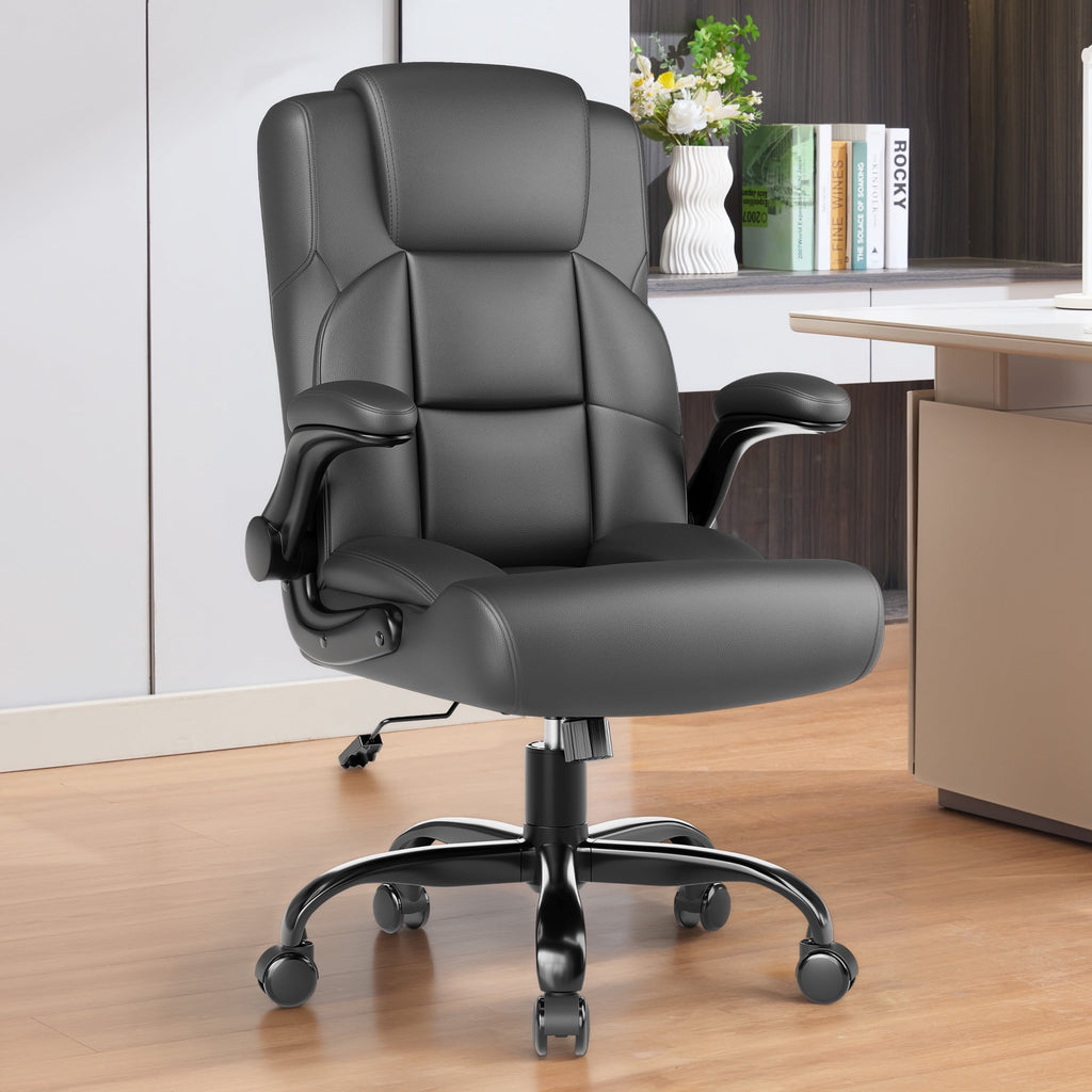 JONPONY Leather Office Chair, Big and Tall 500lbs Ergonomic Desk Chairs with Back Support, Executive Leather Chair with Wheels for Home Office, with Adjustable Padded Armrest & Lumbar Support , Black