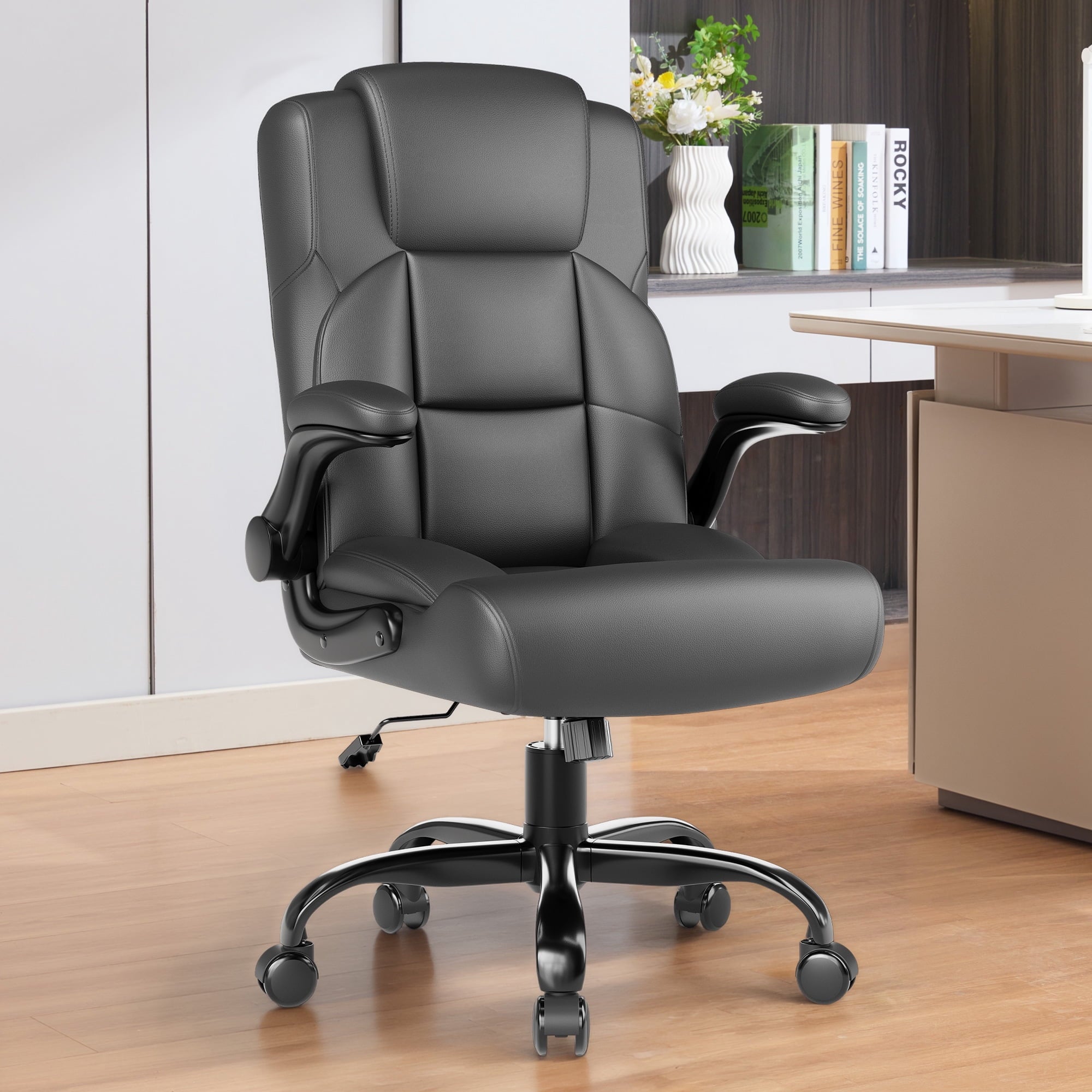 JONPONY Leather Office Chair, Big and Tall 500lbs Ergonomic Desk Chairs with Back Support, Executive Leather Chair with Wheels for Home Office, with Adjustable Padded Armrest & Lumbar Support , Black