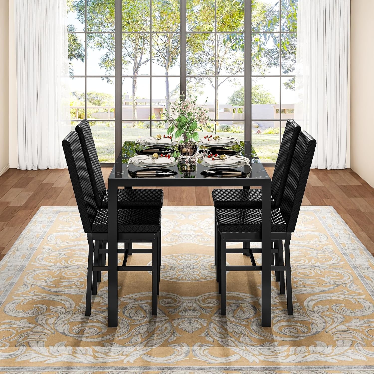 Baxluxe Dining Table Set for 4, Modern 5 Piece Dining Table Set, Faux Marble Kitchen Table and 4 Velvet Upholstered Chairs for Apartments, Dining Rooms, Small Spaces, Gray