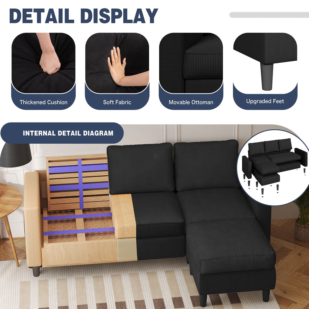 Walsunny 73.6 Convertible Sectional Sofa Couch, L-Shaped 3-Seat Sofa Couch with Reversible Chaise for Small Space,Dark Gray