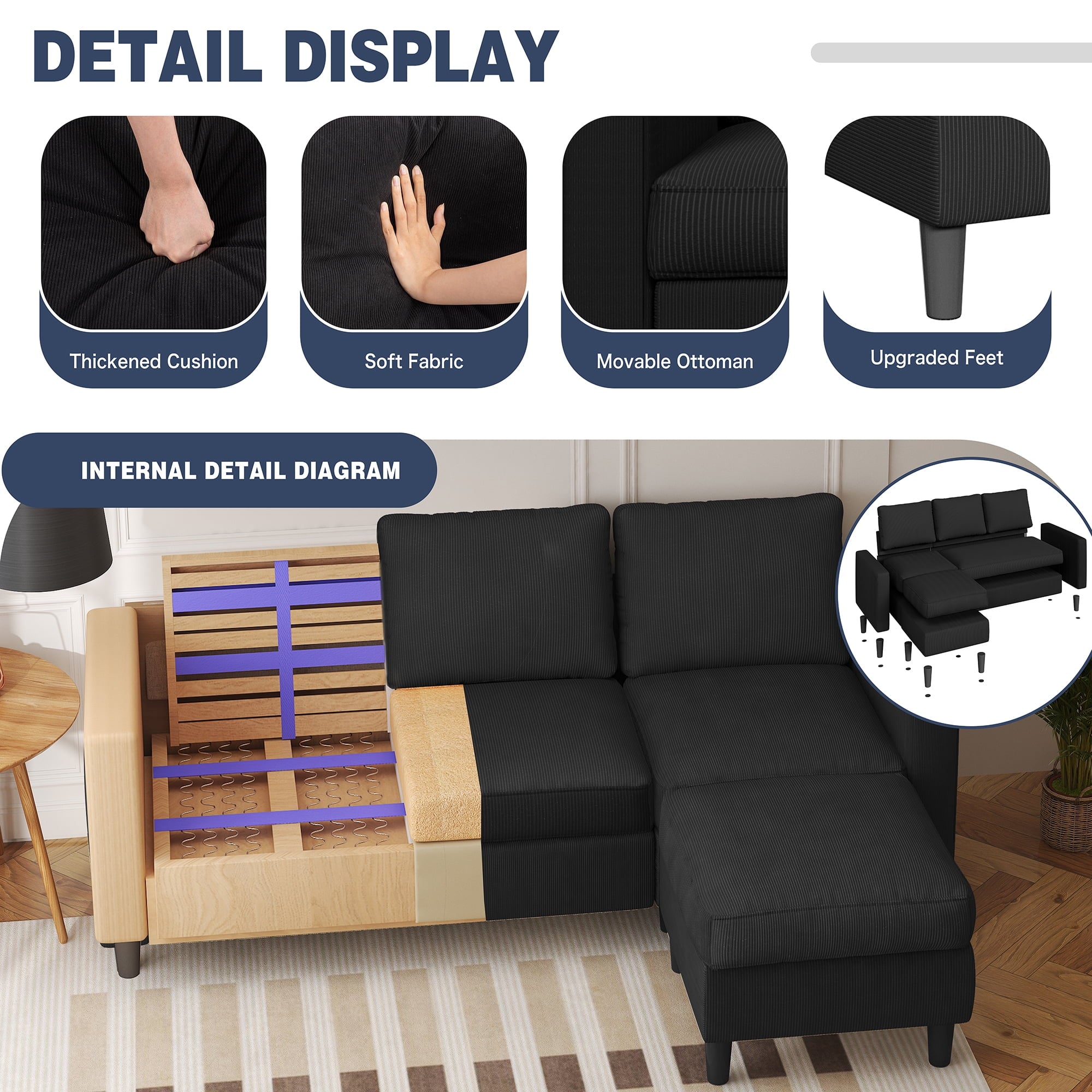 Walsunny 73.6 Convertible Sectional Sofa Couch, L-Shaped 3-Seat Sofa Couch with Reversible Chaise for Small Space,Dark Gray