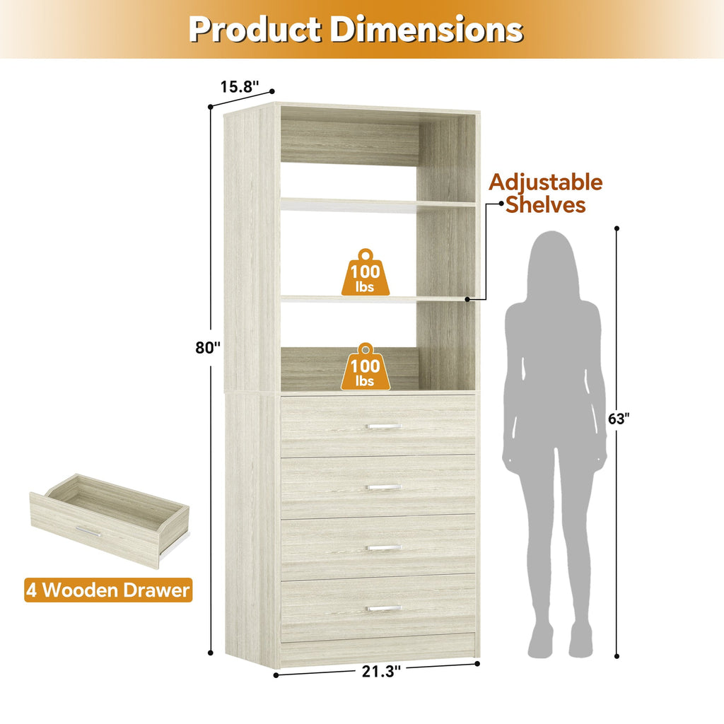 Homieasy 21.3 Inch Freestanding Closet System with 4 Wood Drawers and 3 Shelves for Walk-in Closet, Bedroom, White