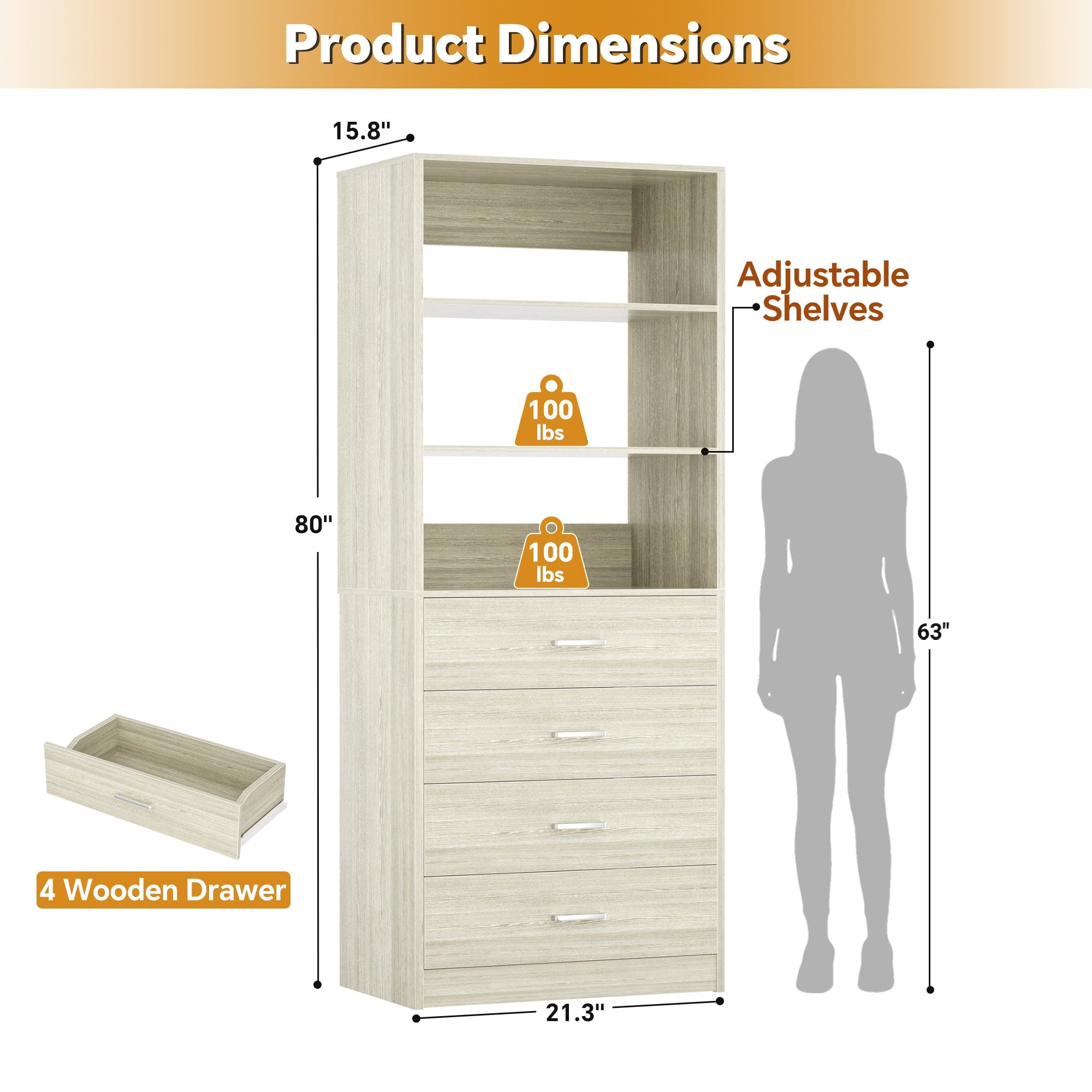 Homieasy 21.3 Inch Freestanding Closet System with 4 Wood Drawers and 3 Shelves for Walk-in Closet, Bedroom, White
