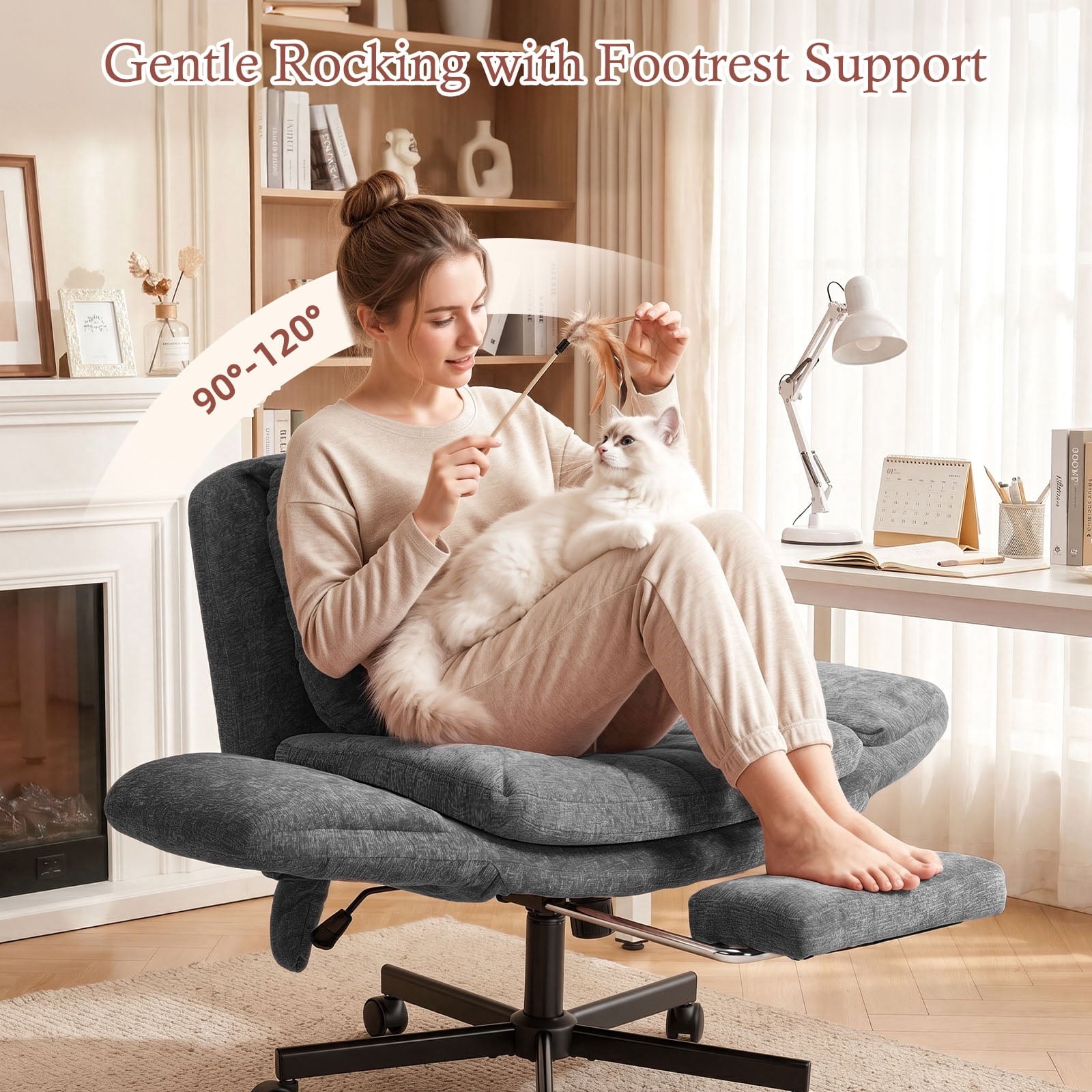 Hforesty Cross Legged Office Chair, Inflatable Flip-up Back & Wide Seat, 5-Position Armrests & Footrest, Ergonomic Task Chair for Home Office, Gray