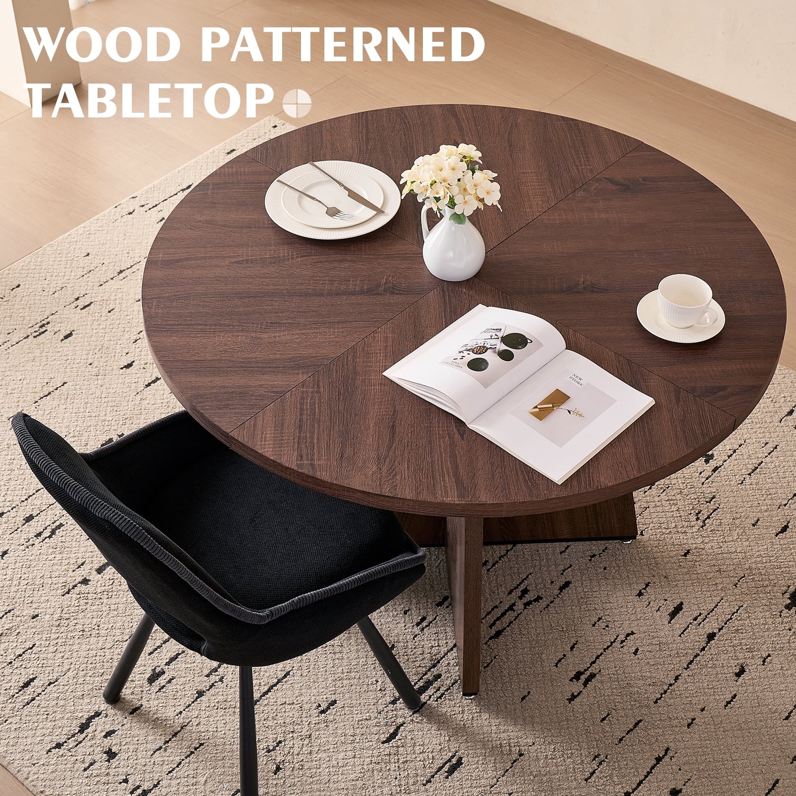 5 Piece 47'' Round Dining Table Chairs Set for 4, Farmhouse Oak Kitchen Table with 4 Boucle Mid Century Modern Dinning Room Chairs, Wood Dinner Table &Upholstered Chair Set of 4, Beige