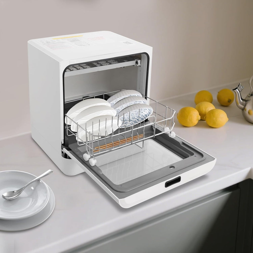FOGGBET Countertop Dishwasher 800W White Compact Dishwashers with 4 Washing Programs, 360-Degree Spraying Wash Kitchen Mini Dishwasher with Air-Dry Function White
