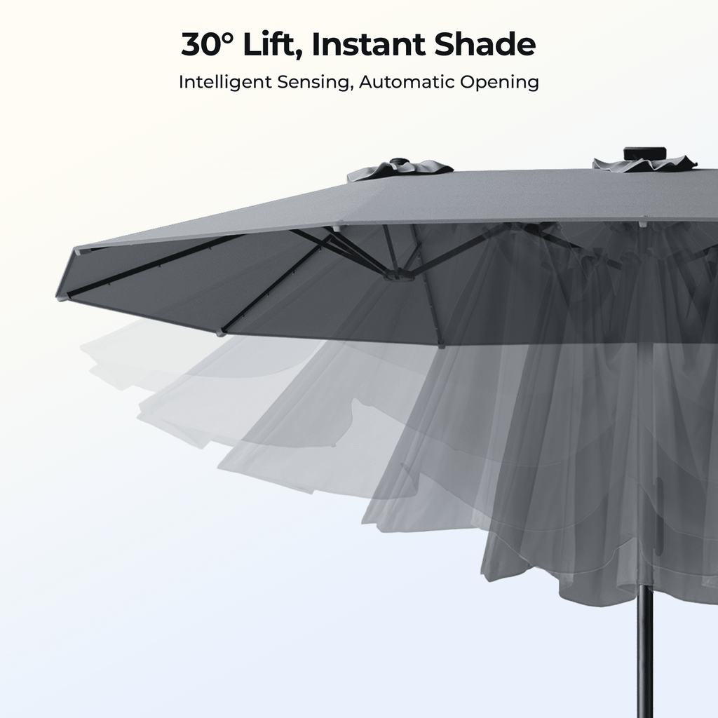 15ft Smart Electric Patio Umbrella, Large Double Sided Rectangular Outdoor Patio Umbrella with Light and Base for Lawn, Garden, Backyard,Beige