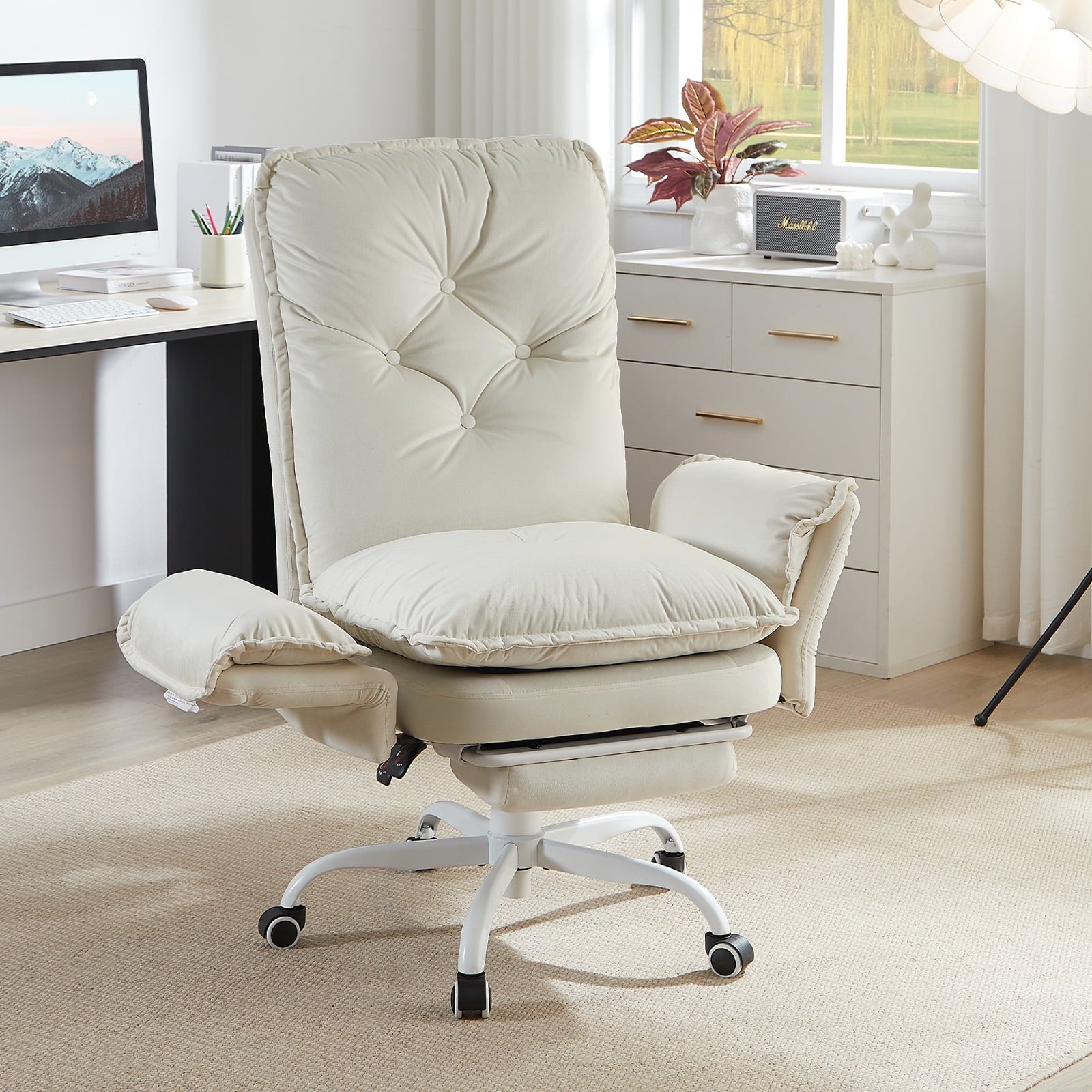 Bestier Big and Tall Executive Office Chair with Flip-up Arms for Adult, Wide Seat Ergonomic Computer Desk Chair,High Back Velvet Comfy Cross-Legged Office Chair with Footrest and Side Pockets, Black