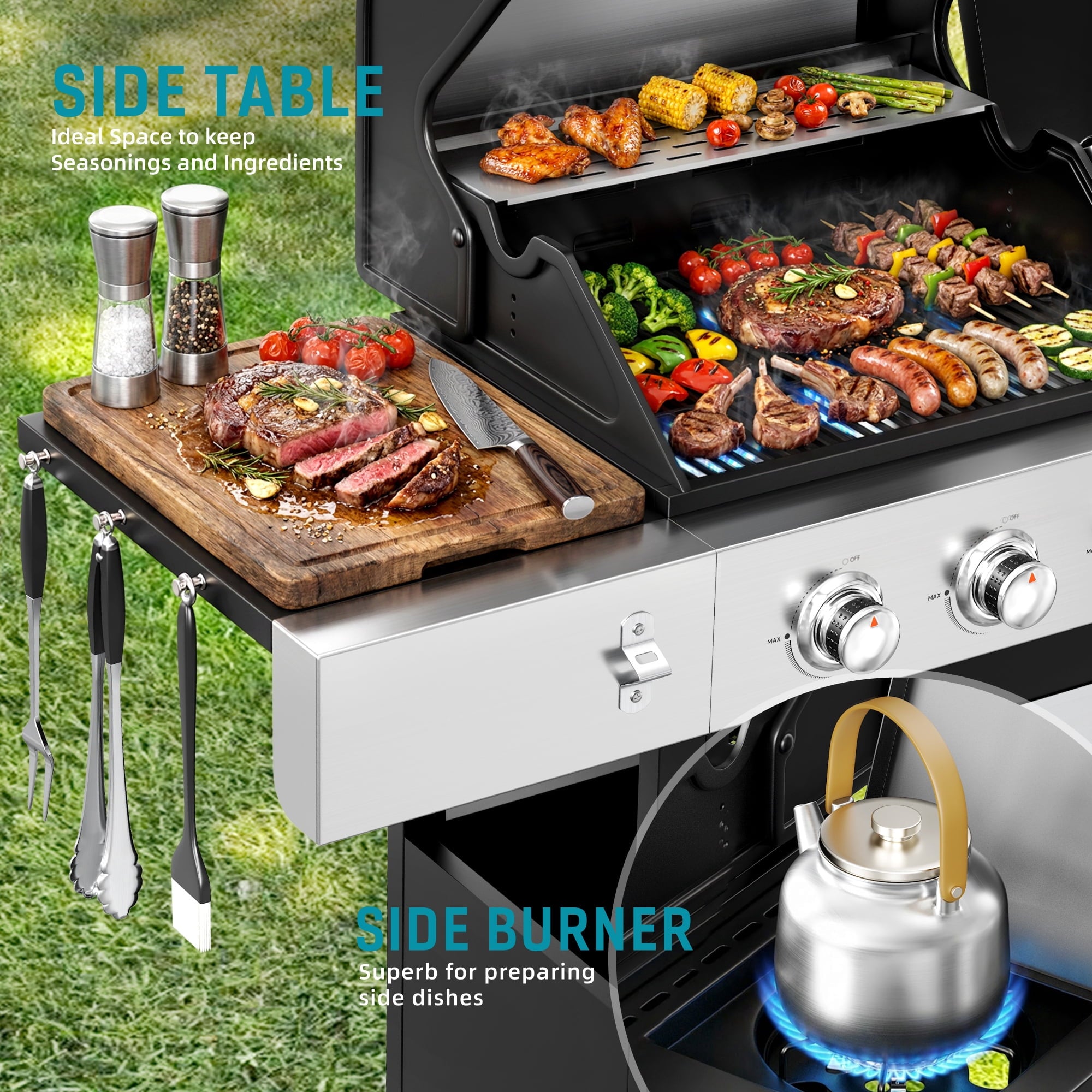 Biotree 3 Burner Gas Grill with Side Burner,40800 BTU Barbecue Grill Propane Stainless Steel BBQ Grill with Porcelain-Enameled Cast Iron Grates for Outdoor Cooking