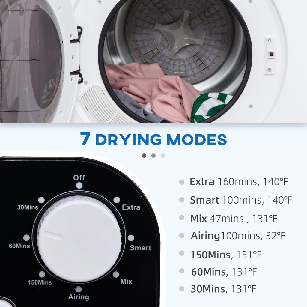 HOMCOM 1300W Compact Laundry Dryer with 3.2 cuft Stainless Steel Drum White