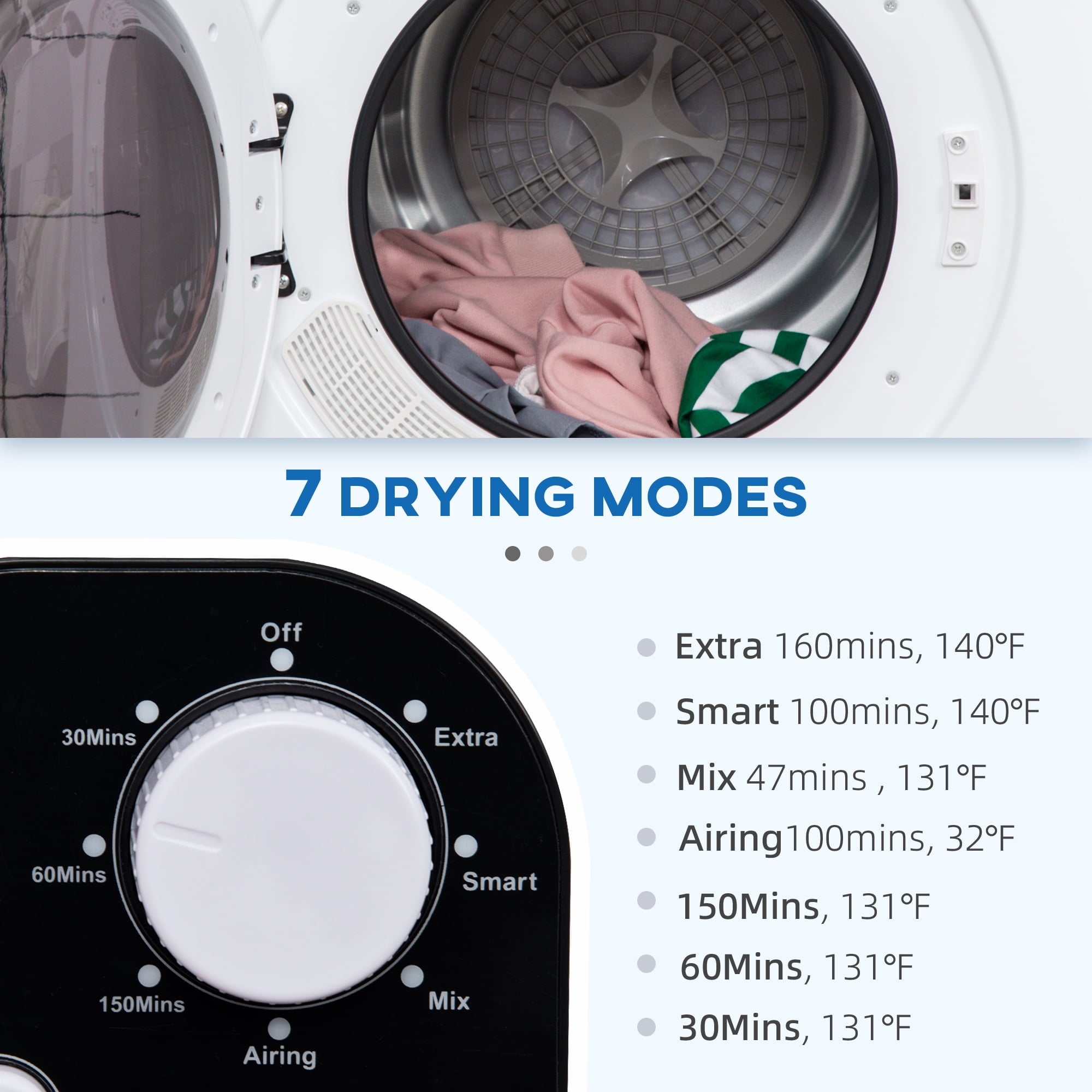 HOMCOM 1300W Compact Laundry Dryer with 3.2 cuft Stainless Steel Drum White
