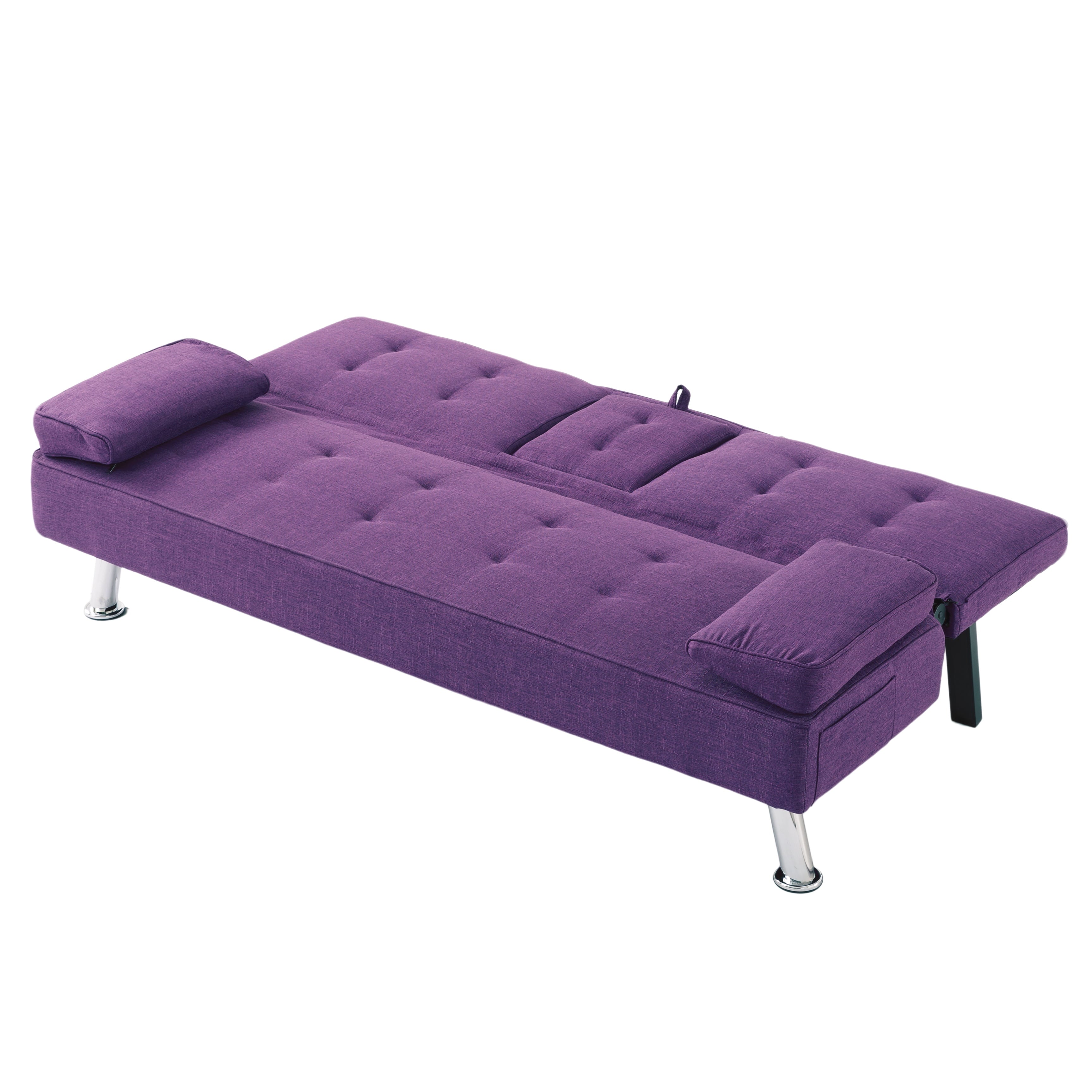BSHTI 65 Modern Velvet Futon Sofa Bed with Drop Down Cup Holders, 3-Position Adjustable Backrest, Removable Arm Cushions, Chrome Legs for Living Room & Guest Room Black