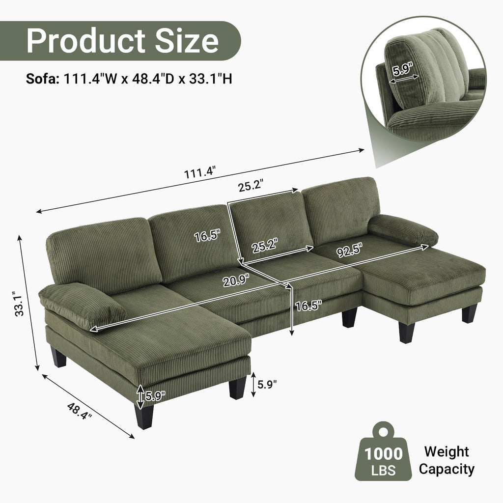 Ktaxon U-Shaped Sectional Sofa, 111  Chenille Couch, 4 Seat Lounge Sleeper with Double Chaise for Living Room Black