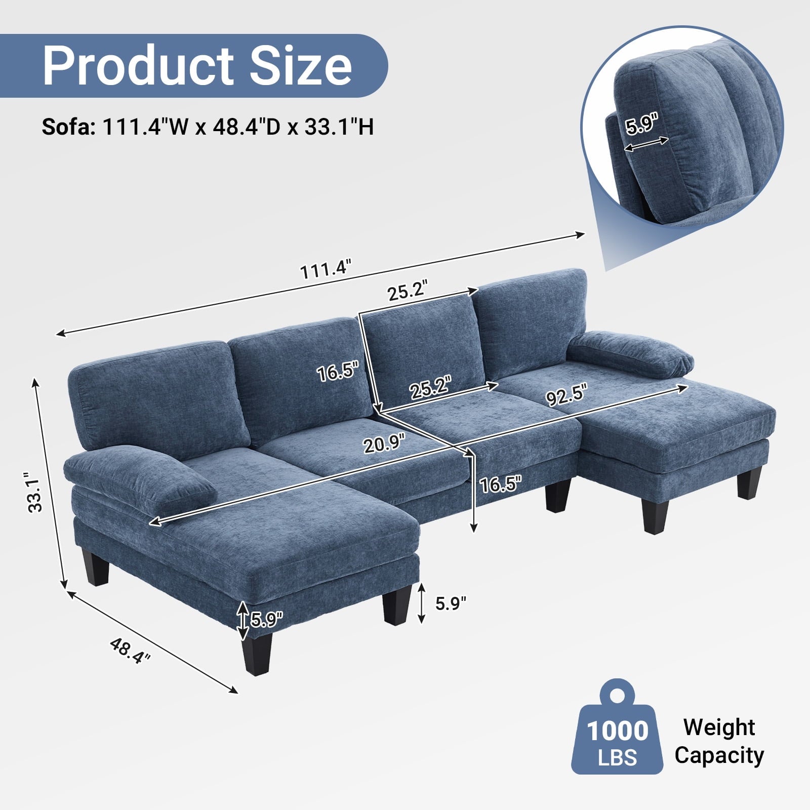 Ktaxon U-Shaped Sectional Sofa, 111  Chenille Couch, 4 Seat Lounge Sleeper with Double Chaise for Living Room Black