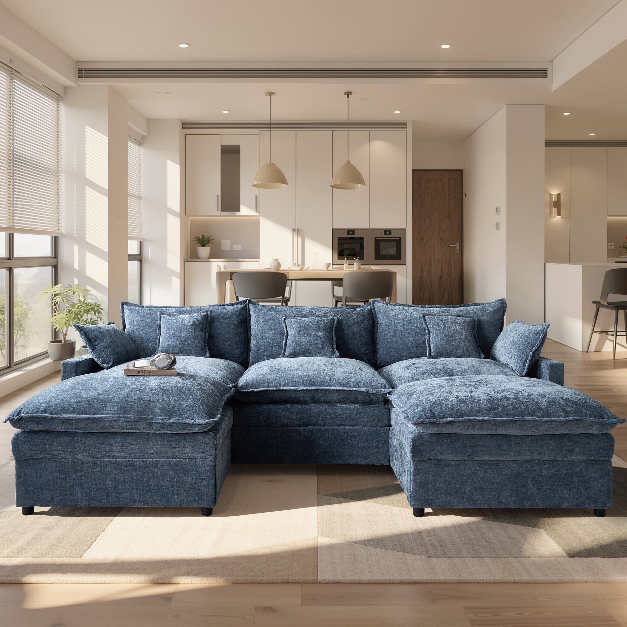 Ovios 108 Modular Sectional Sofa U-Shaped Cloud Couch with 2 Ottomans, Comfy Living Room Furniture, Chenille, Dark Blue