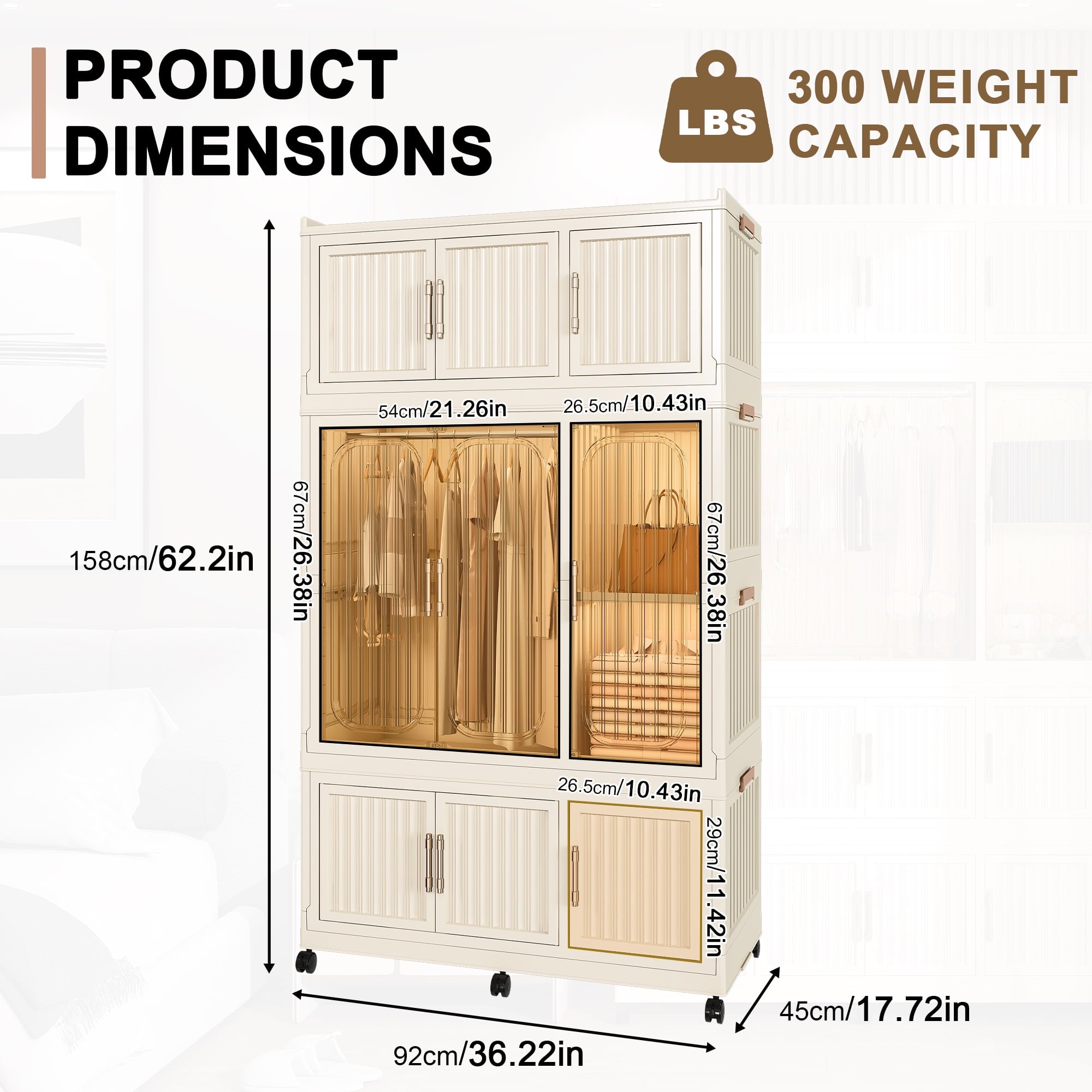 Garmic 62 Foldable Storage Wardrobe with Wheels, Portable Closet Organizer with 9 Magnetic Doors & 2 Hanging Rod, Plastic Armoire for Clothes Toys Books, White