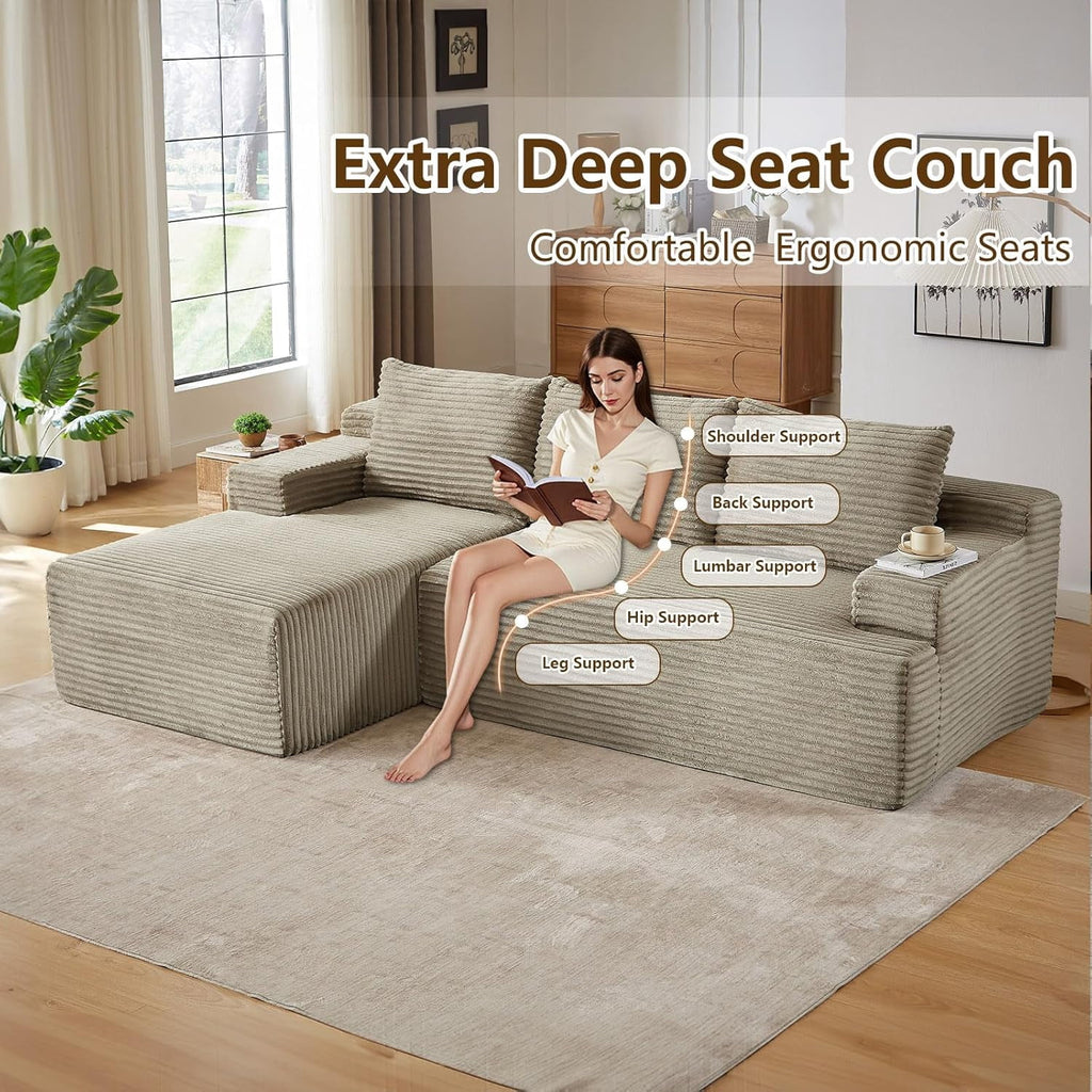 96 Boneless Cloud Couch with Chaise, Modular Sectional Sofa for Living Room, No Assembly Required, Deep Seat Corduroy Couch, Green