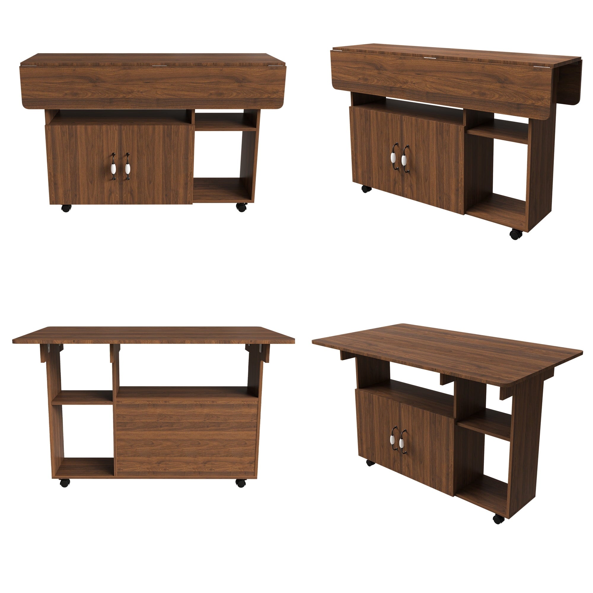 Wohh 47 Inch Folding Dining Table with Storage Shelves & Wheels, Multifunctional Kitchen Desk for Small Spaces, Compact Mobile Computer Desk for Home Office, Dorm, Adjustable Foldable Study Table