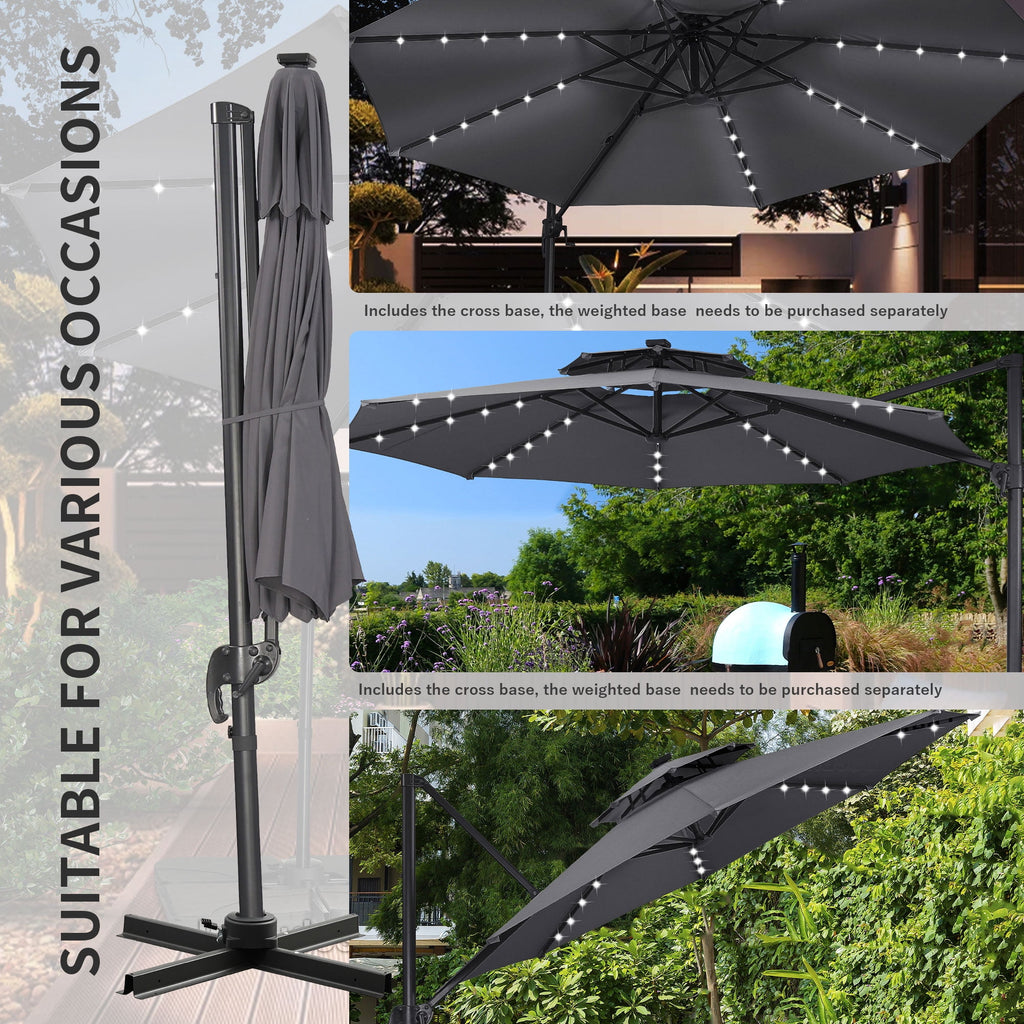 Ainfox 10ft Double Top Heavy-Duty Patio Cantilever Umbrella with lights and Cross Base, Outdoor Large Offset Hanging Aluminum Rotation Sun Shade Solar Umbrella with 360°Rotation Adjustable,Khaki
