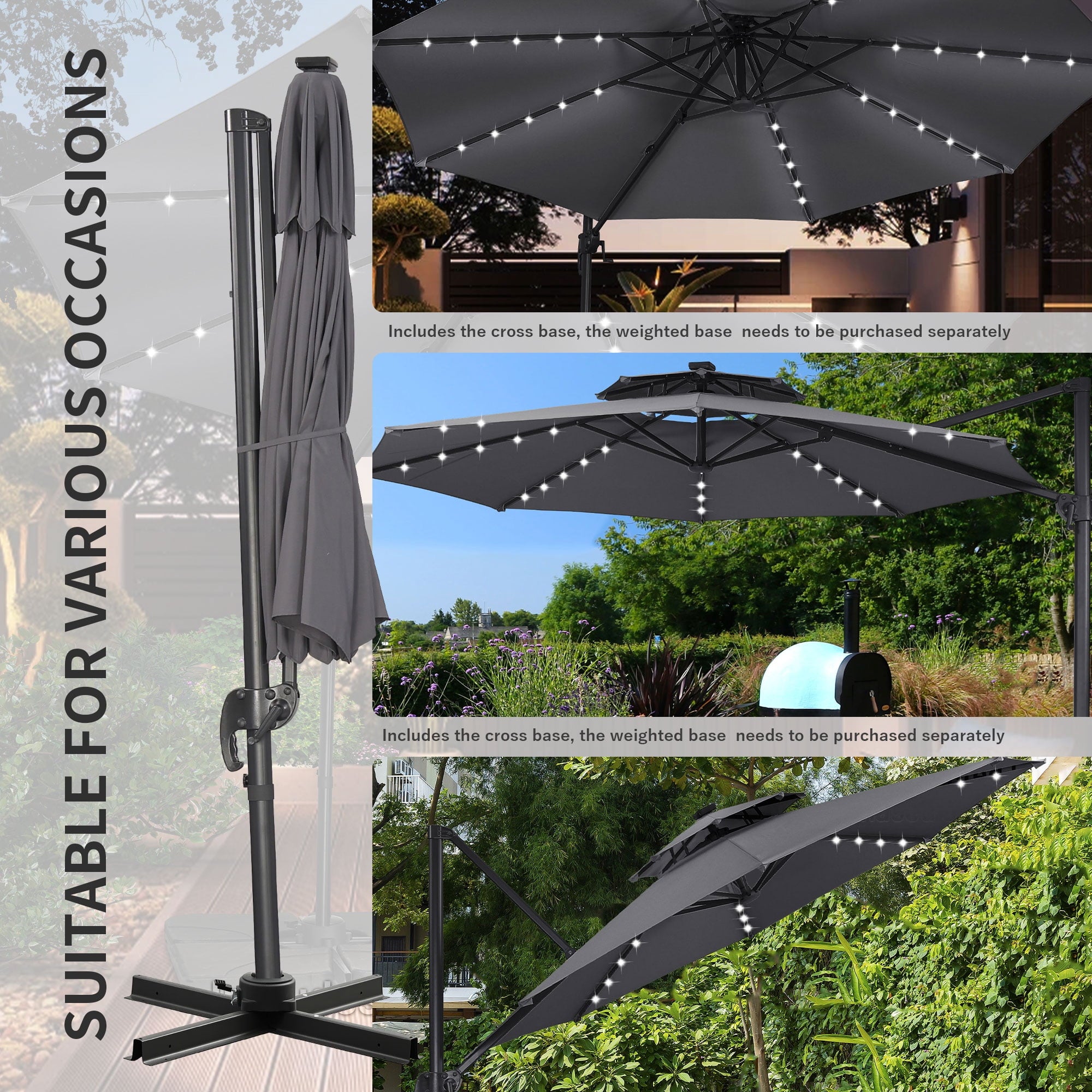 Ainfox 10ft Double Top Heavy-Duty Patio Cantilever Umbrella with lights and Cross Base, Outdoor Large Offset Hanging Aluminum Rotation Sun Shade Solar Umbrella with 360°Rotation Adjustable,Khaki