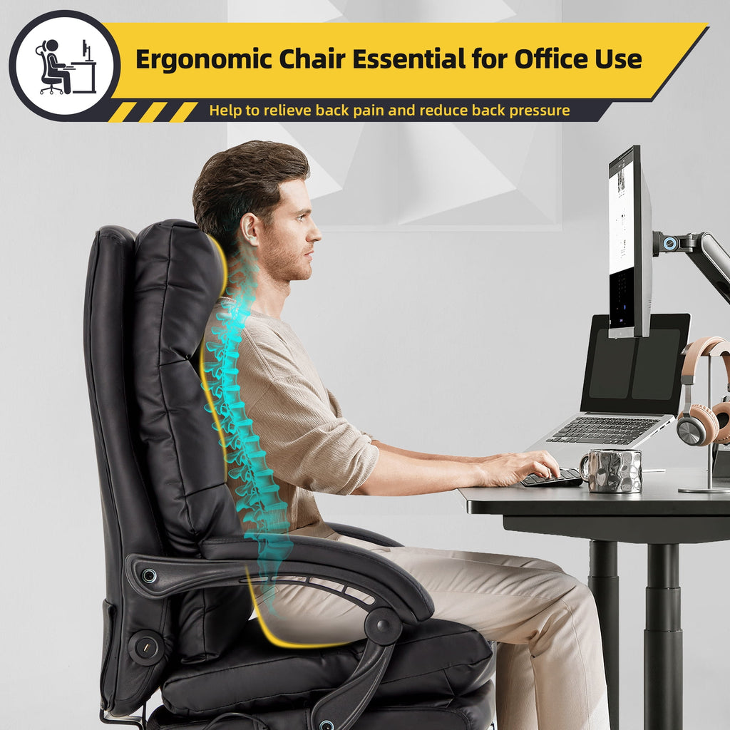 HOMREST Ergonomic Office Chair with 6-Point Massage & Heating, Adjustable Executive Desk Chair with Retractable Footrest, PU Leather Home Office Desk Chair for Home & Office (Black)