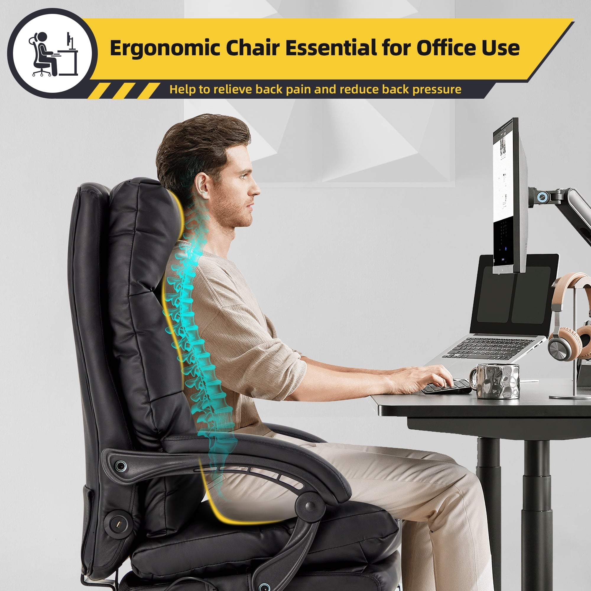 HOMREST Ergonomic Office Chair with 6-Point Massage & Heating, Adjustable Executive Desk Chair with Retractable Footrest, PU Leather Home Office Desk Chair for Home & Office (Black)