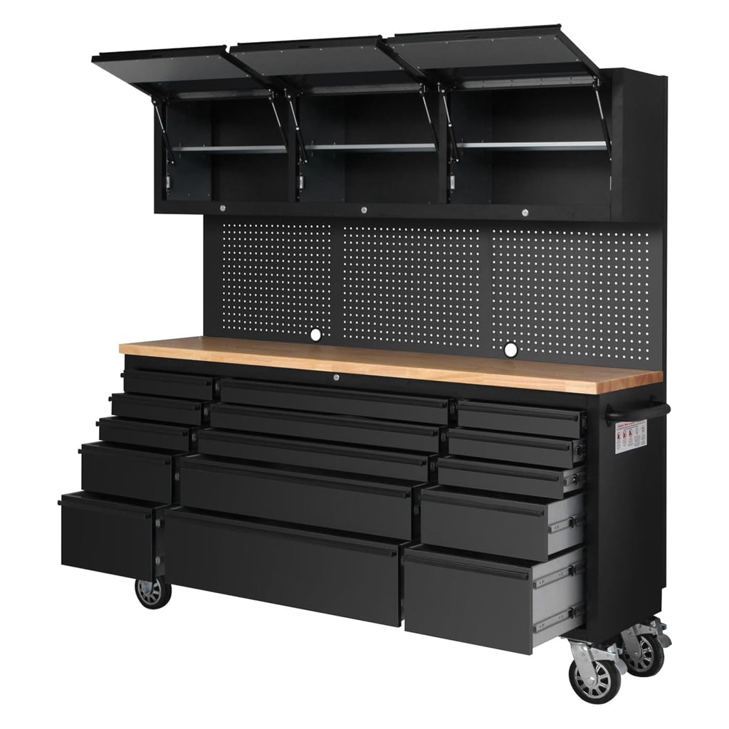 Garvee 72 Workbench Tool Chest, Large Rolling Work Bench with 15 Drawers and 3 Top Cabinets for Garage, Warehouse, Repair Shop, Black
