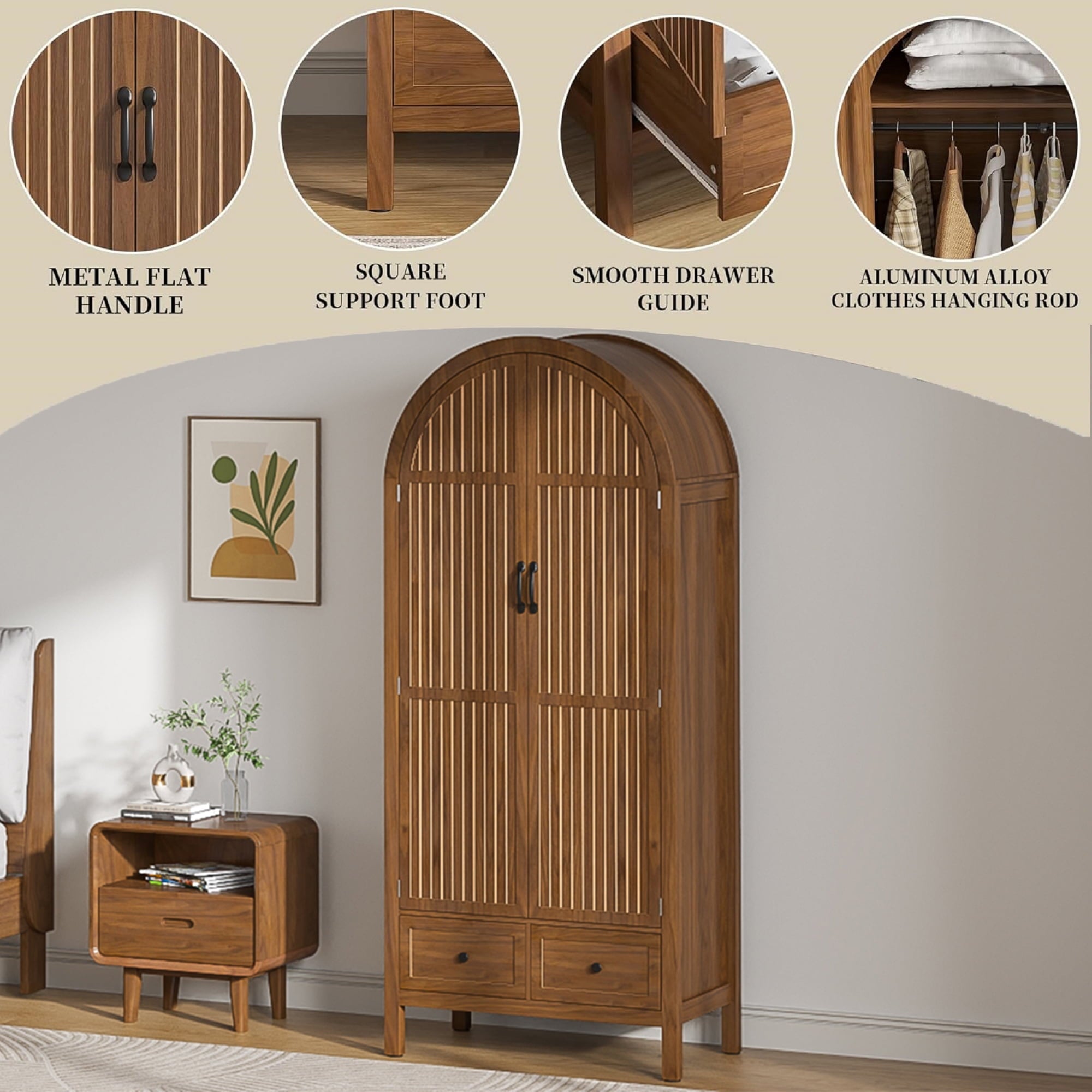 Armoire Wardrobe Closet, Wardrobe Cabinet with Drawers and Hanging Rod, Wooden Armoire Closet for Bedroom, Walnut