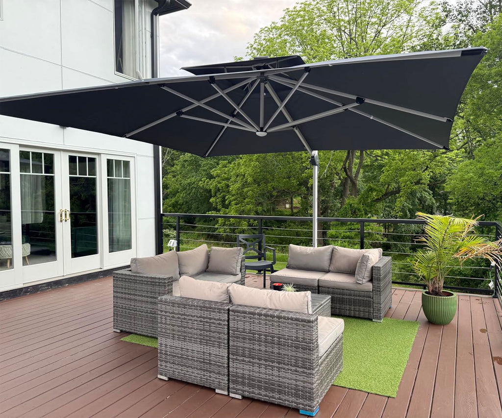 PURPLE LEAF 9 x 12FT Deluxe Rectangle Solar Powered LED Patio Umbrella with Base, Large Offset Cantilever Umbrella with 360° Rotation, Navy Blue