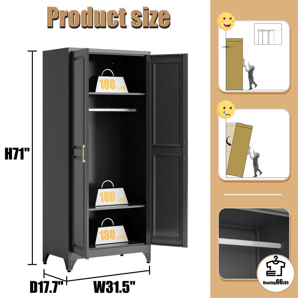 Polup 71 H Modern Metal Sturdy Armoire Cabinet with Shelves and Hanging Rod, Adult Bedroom Wardrobe Closet with Doors