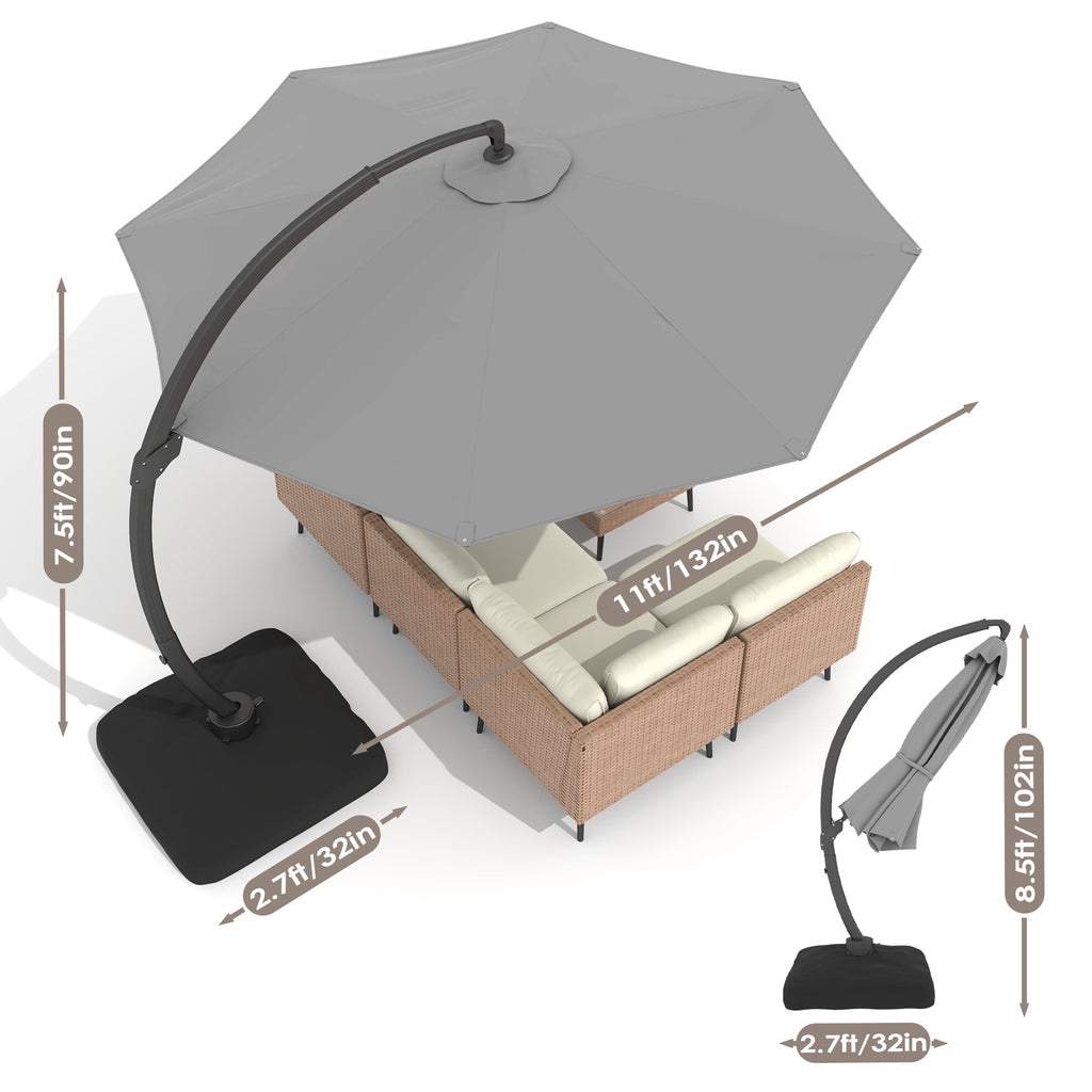 LAZZO 11ft Outdoor Patio Umbrella with Base, Aluminum Offset Cantilever Umbrella for Pool Deck, Champagne