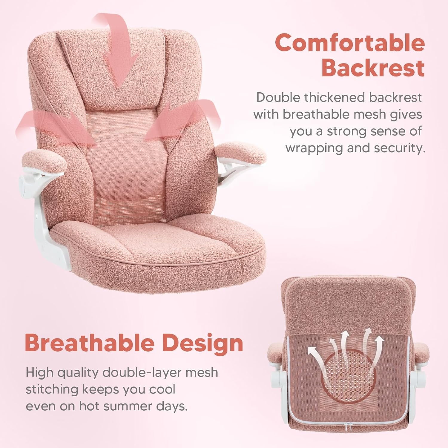 SEATZONE Ergonomic Home Desk Office Chair with Armrests and Wheels, Comfortable Swivel Task Executive Computer Chair, Velvet Fabric for Adults and Teens,Gray
