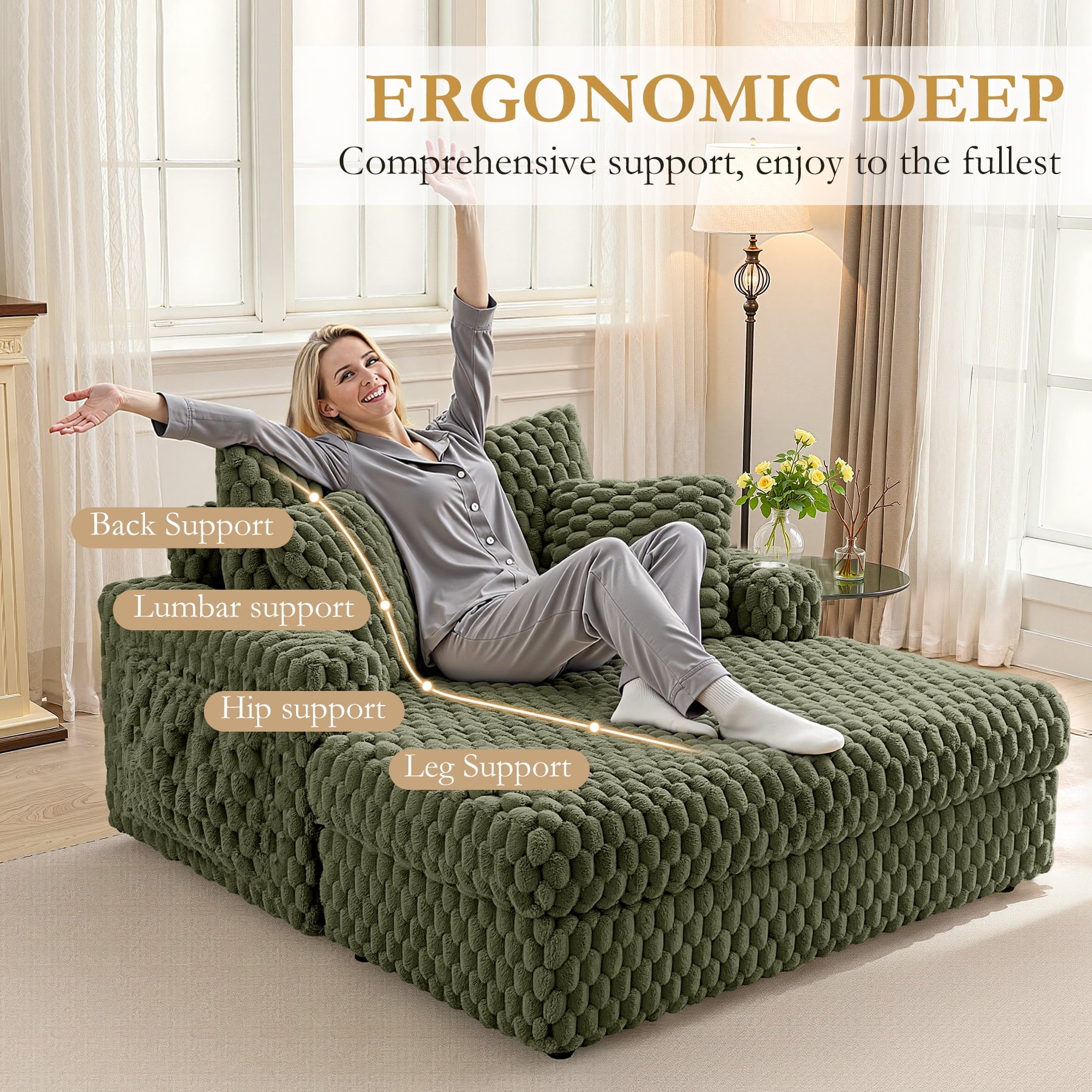 ATHOPE 67.3 Chaise Lounge Chair Indoor, Corduroy Couch Chair with Pillows, Comfy Reading Chairs with Wide Arms, Upholstered Sleeper Sofa for Living Room, No Assembly Required, Gray