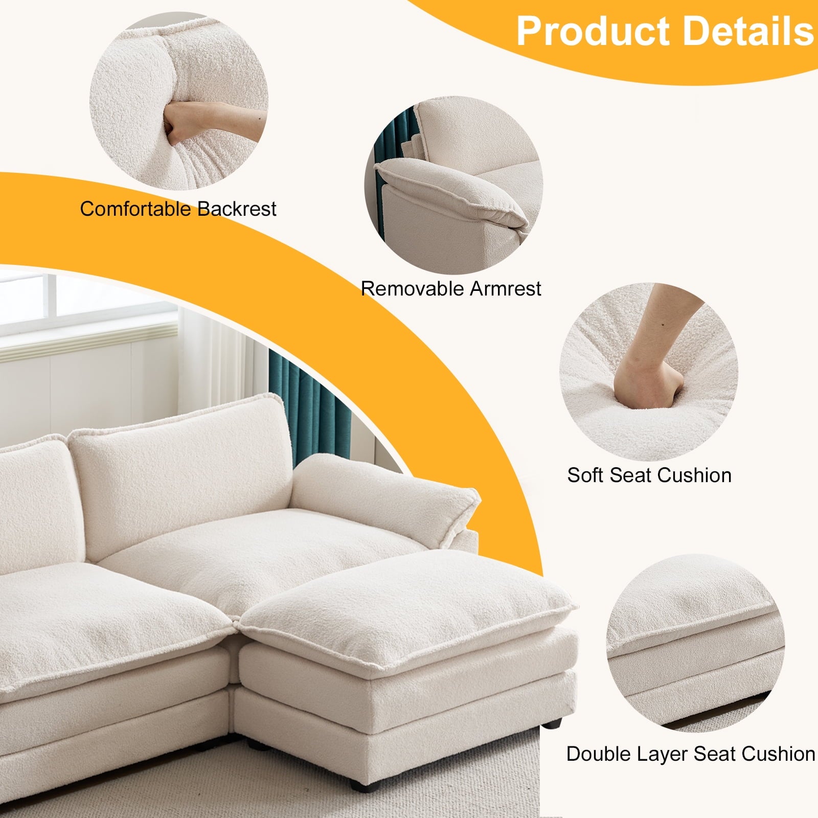 Ktaxon Sectional Sofa L Shaped Couch with Chaise Living Room Sleeper Set, 2 Seats with Chenille and Double Layer Cushions 86 W Beige