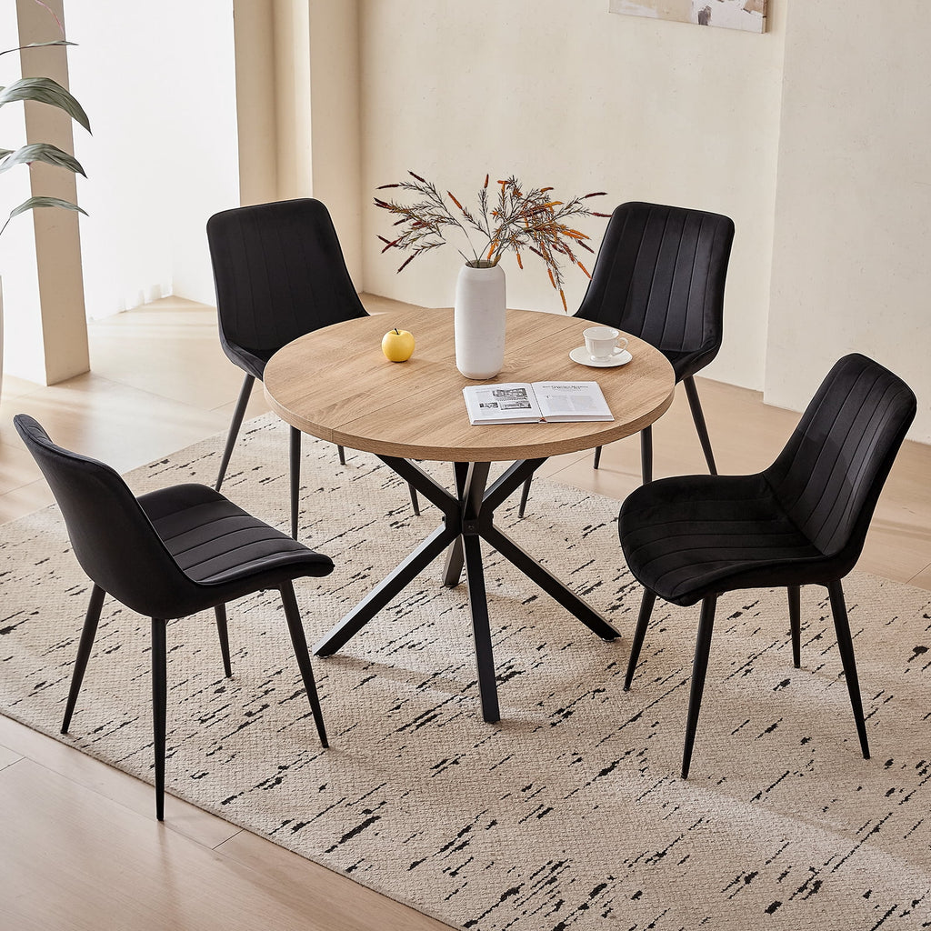 5 Piece 39 Round Dining Table Set for 4, Mid Century Kitchen Table with 4 Khaki Fabric Upholstered Dining Chairs for Apartment Living Room, Space Saving Table.