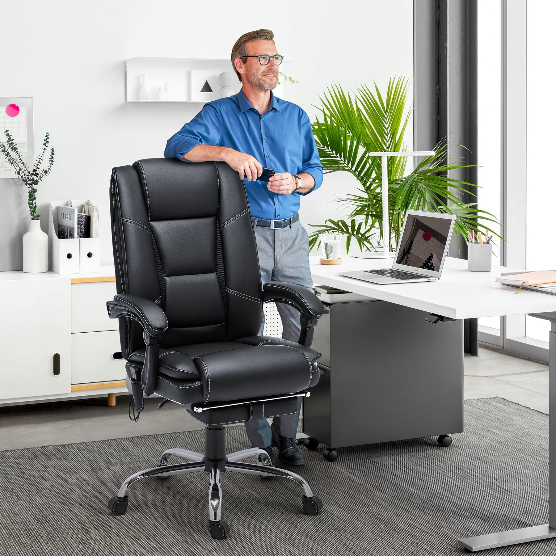 HOMREST Ergonomic Office Chair with 6-Point Massage & Heating, Adjustable Executive Desk Chair with Retractable Footrest, PU Leather Home Office Desk Chair for Home & Office (Black)