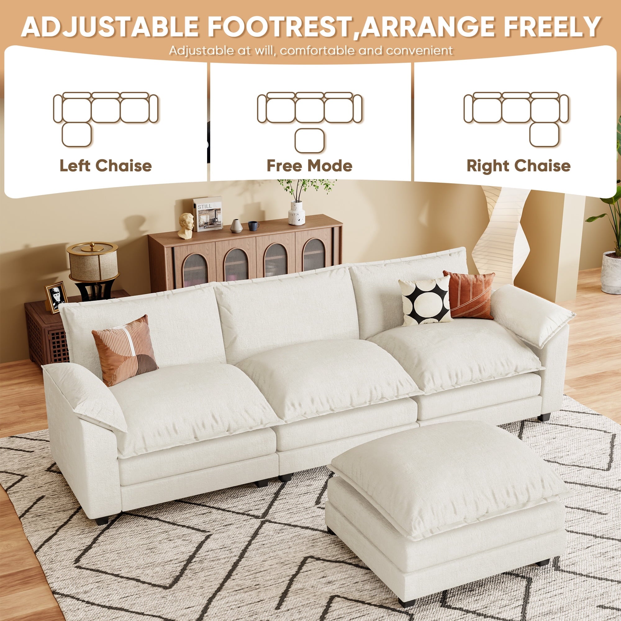 Homall 3-seat L-shaped Cloud Couch Sectional Sofa with reversible toffee chair Movable Footrest Sofa, Gray