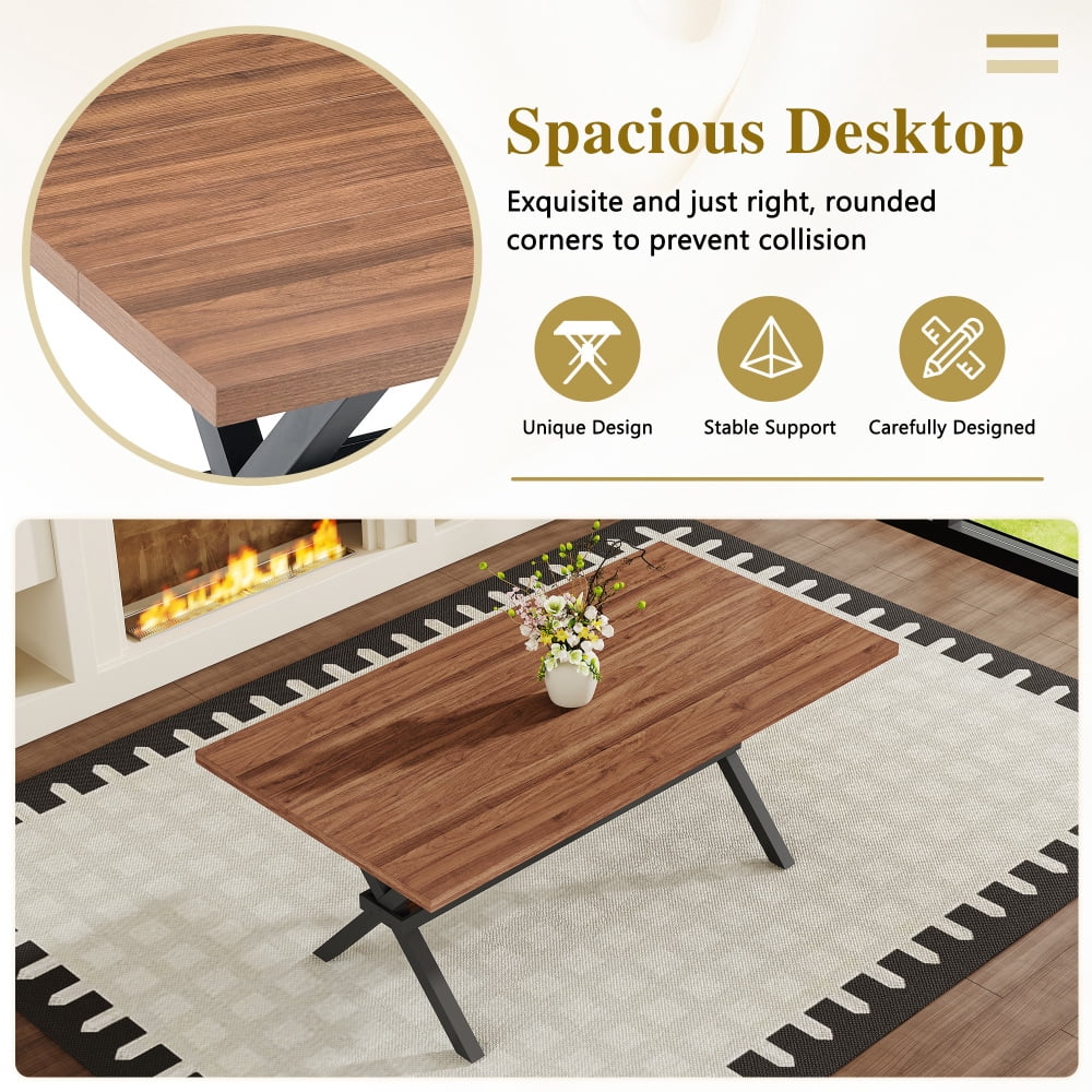 Modern 71 Wood Dining Table, Light Wood Grain MDF Top with X-Shaped Metal Legs, Seats 6-8 People, for Kitchen & Dining Room