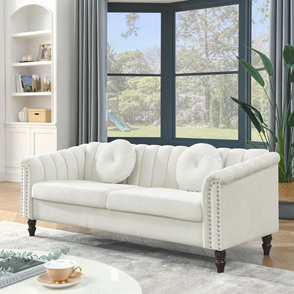 Gewnee 86.6 Modern Sofa Couch,Teddy Velvet 3 Seaters Comfy Couch with Deep Seat for Living Room,2 Pillows,Beige