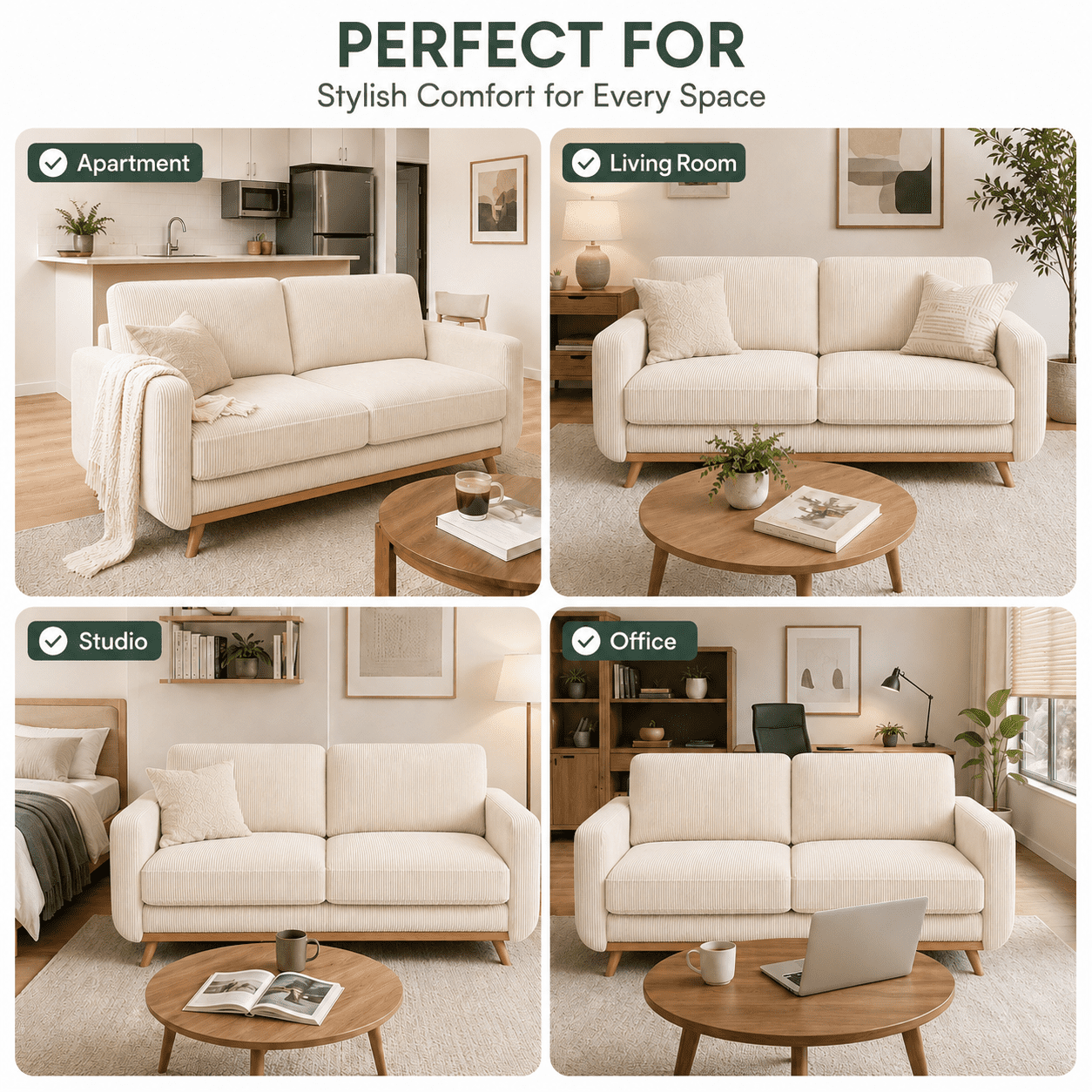 Neche 68 Corduroy Sofa for Living Room, 2 Seater Modern Couch for Small Space Office, Comfy Loveseat in a Box, Green