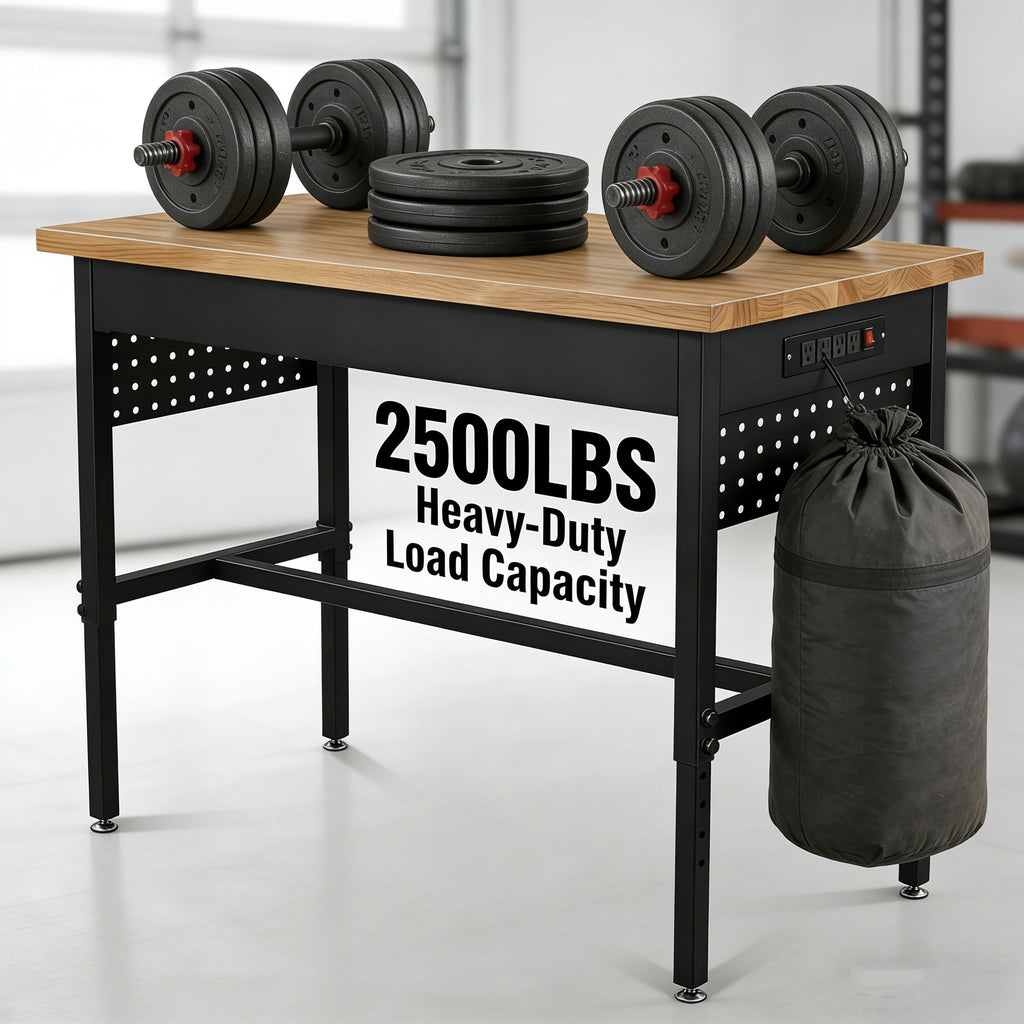 FFZ 70 Inch Adjustable Workbench with Power Outlet, Wheels and Hardwood Top, 70 x 22 x 29.6 inch, Black