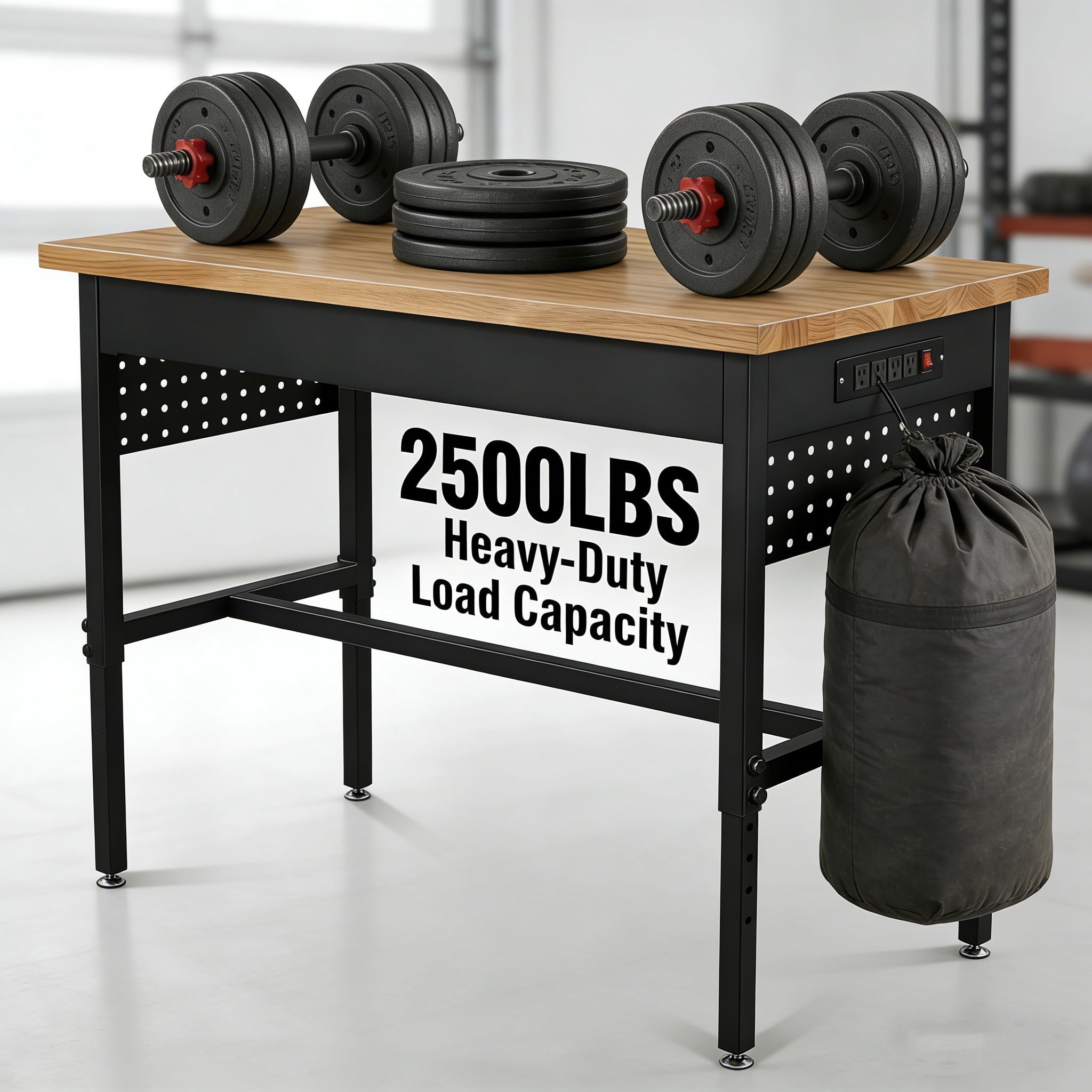 FFZ 70 Inch Adjustable Workbench with Power Outlet, Wheels and Hardwood Top, 70 x 22 x 29.6 inch, Black