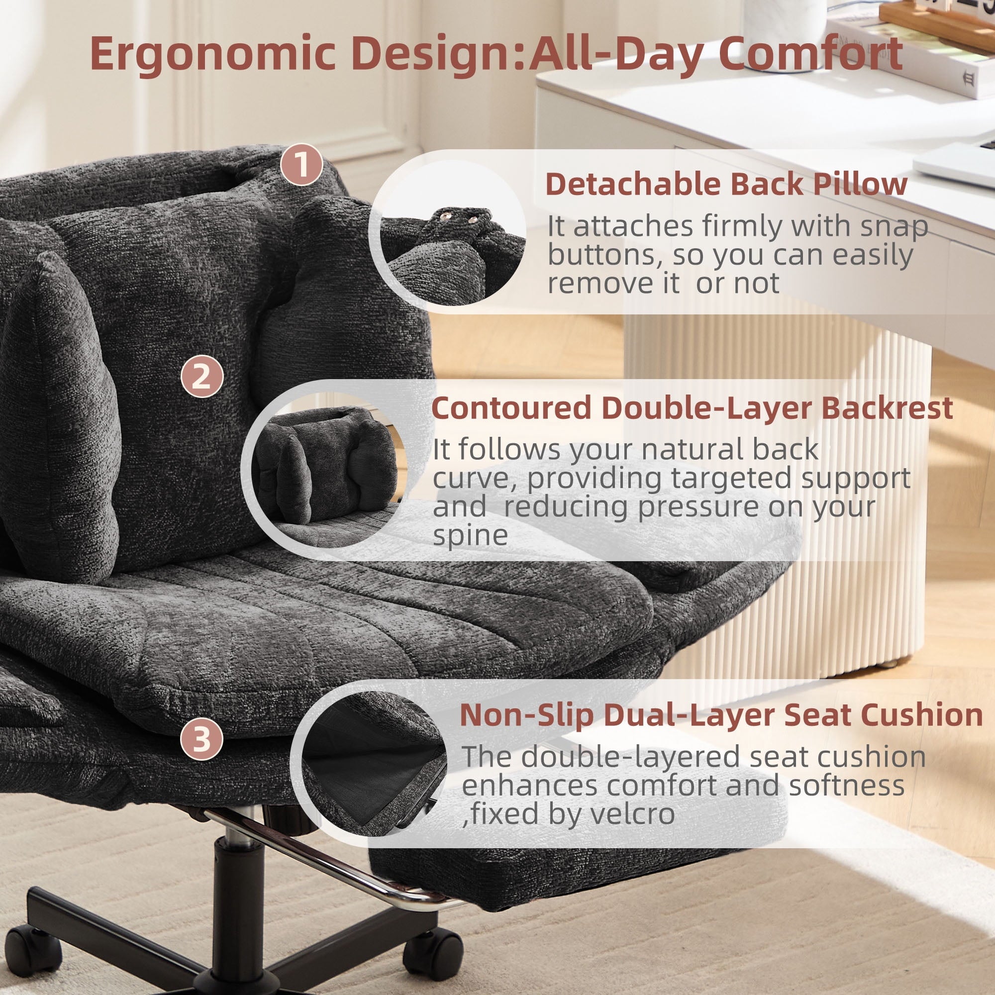 Hforesty Cross Legged Office Chair, Inflatable Flip-up Back & Wide Seat, 5-Position Armrests & Footrest, Ergonomic Task Chair for Home Office, Gray