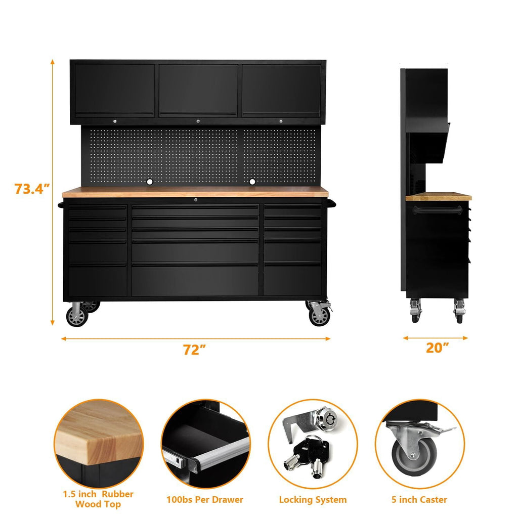 Garvee 72 Workbench Tool Chest, Large Rolling Work Bench with 15 Drawers and 3 Top Cabinets for Garage, Warehouse, Repair Shop, Black