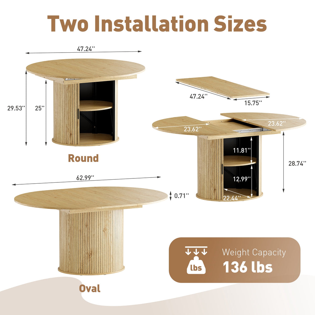 EOP 47″- 63″ Extendable Round Dining Table for 4-6, Wooden Kitchen Table with Hidden Storage and Fluted Sliding Door Cabinet, Modern Space-Saving Table for Dining Room Kitchen, Walnut