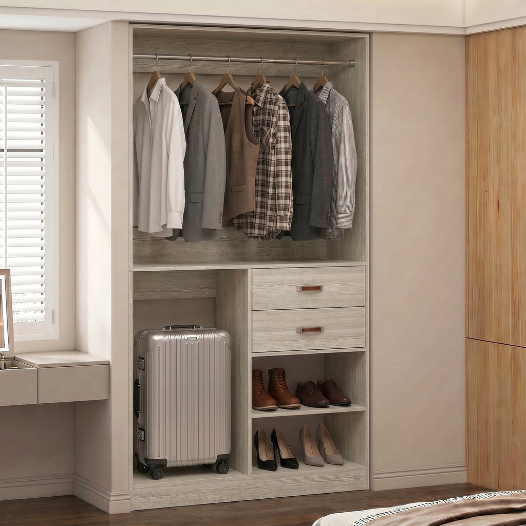 Homieasy Freestanding Closet System with Suitcase Storage, 40'' Closet Organizer System with 2 Wood Drawers and Hanging Rod, White