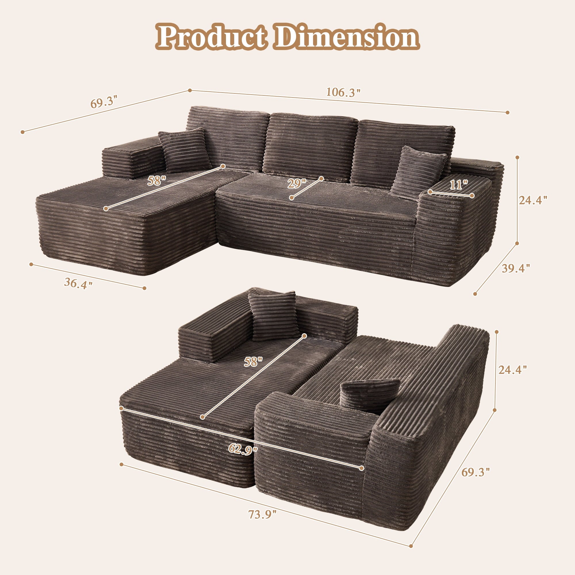 Ovios 106 Cloud Sofa Couch No Assembly Boneless Deep Seat Sofa for Living Room, Black (Corduroy)